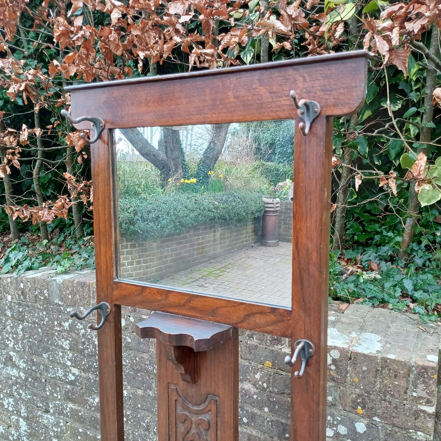 Vintage Antique Arts and Crafts Hall Stand – Oak Wood Coat Rack with Mirror and Umbrella Holder FREE HAND Delivery