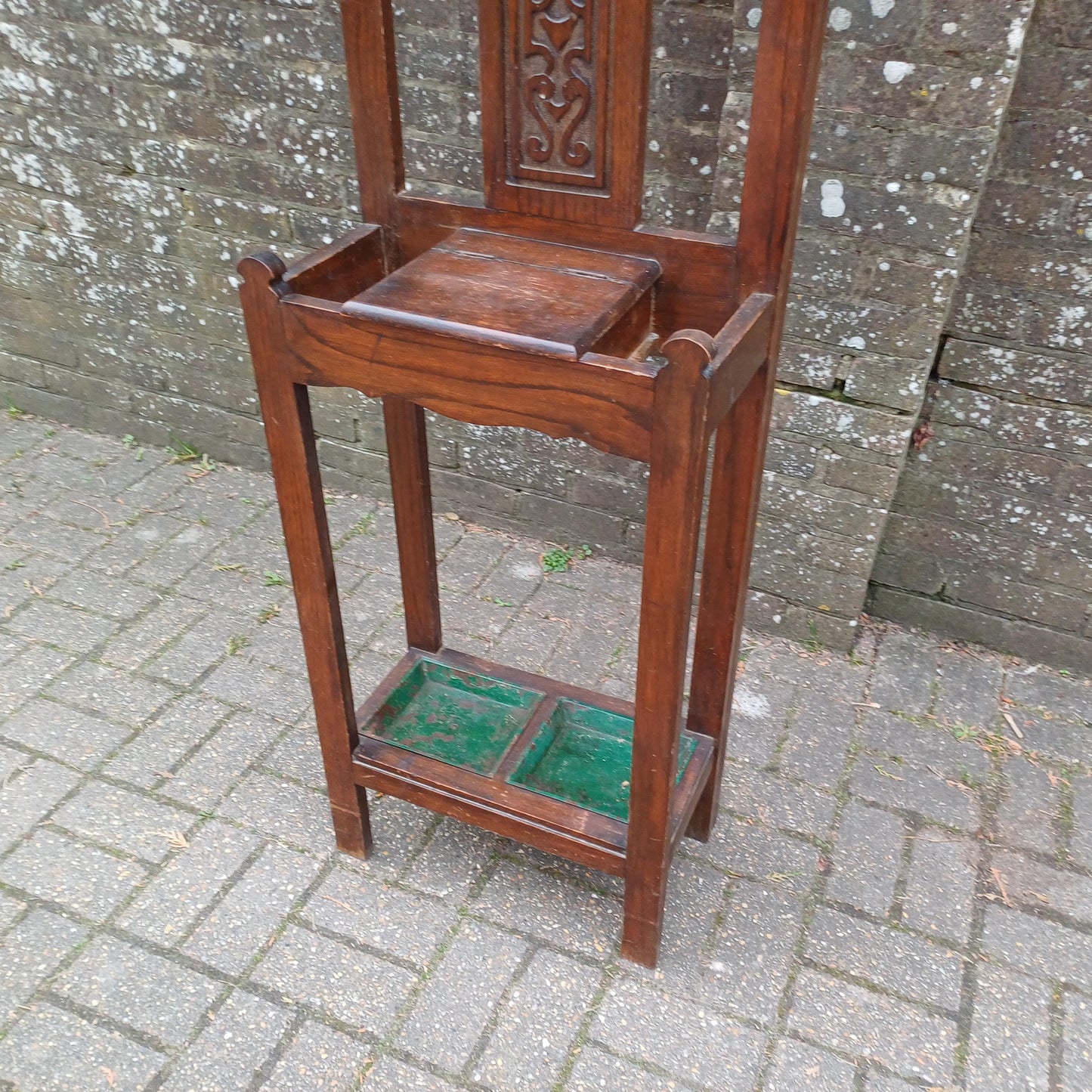 Vintage Antique Arts and Crafts Hall Stand – Oak Wood Coat Rack with Mirror and Umbrella Holder FREE HAND Delivery