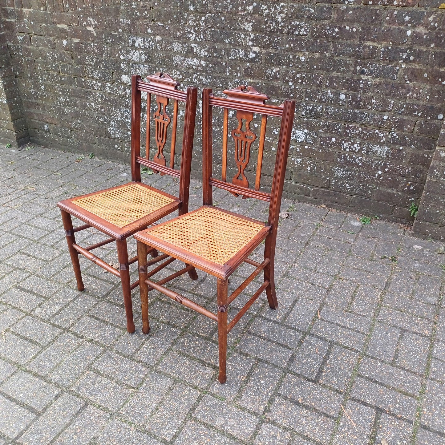 Pair of Antique Vintage Edwardian Cane Seat Chairs – Mahogany Dining or Accent Chairs with Carved Lyre Back