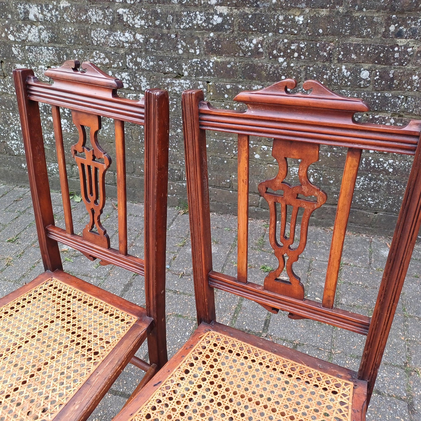 Pair of Antique Vintage Edwardian Cane Seat Chairs – Mahogany Dining or Accent Chairs with Carved Lyre Back