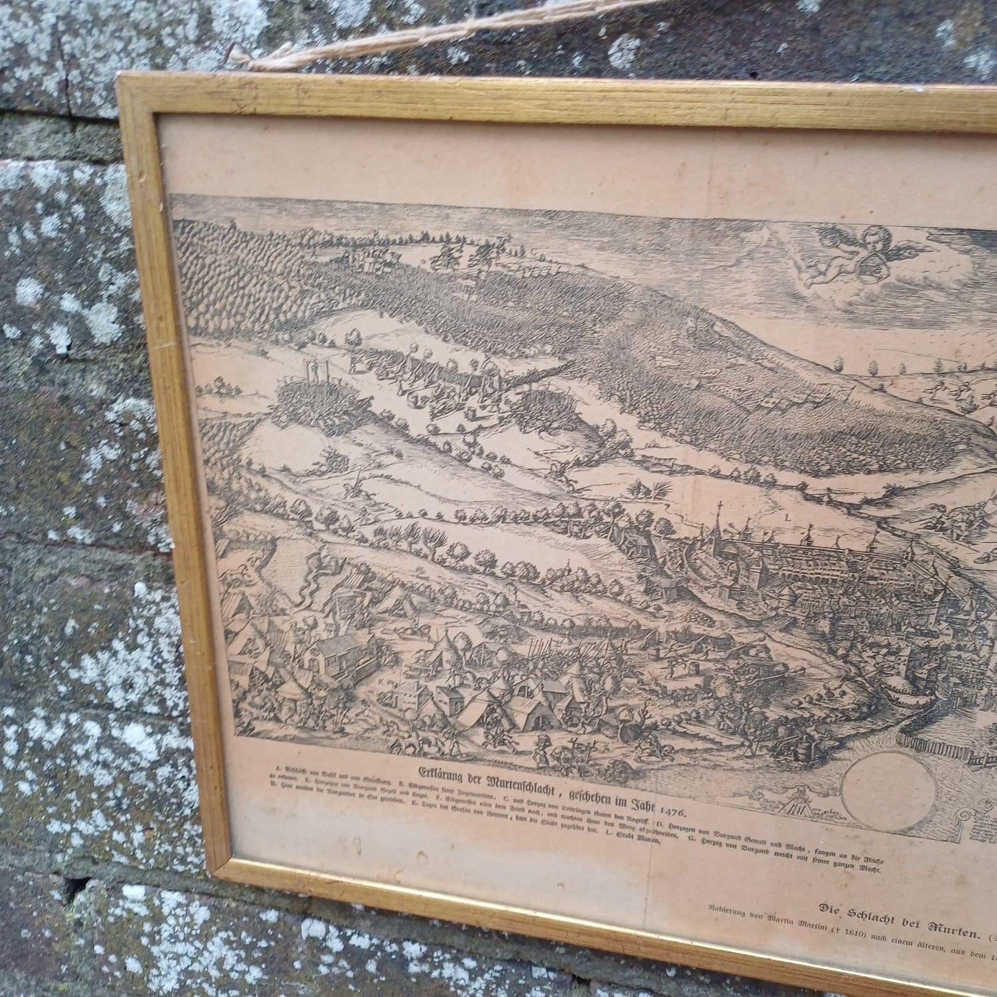 Early 1900s print of Engraving of 15th Century Burgundian Battle of Morat by Martin Martini in 1610 - militaria, vintage gilt glazed frame