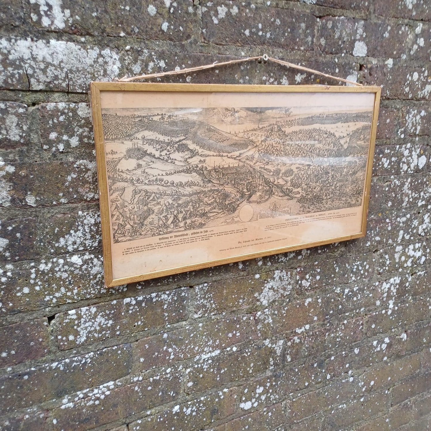 Early 1900s print of Engraving of 15th Century Burgundian Battle of Morat by Martin Martini in 1610 - militaria, vintage gilt glazed frame