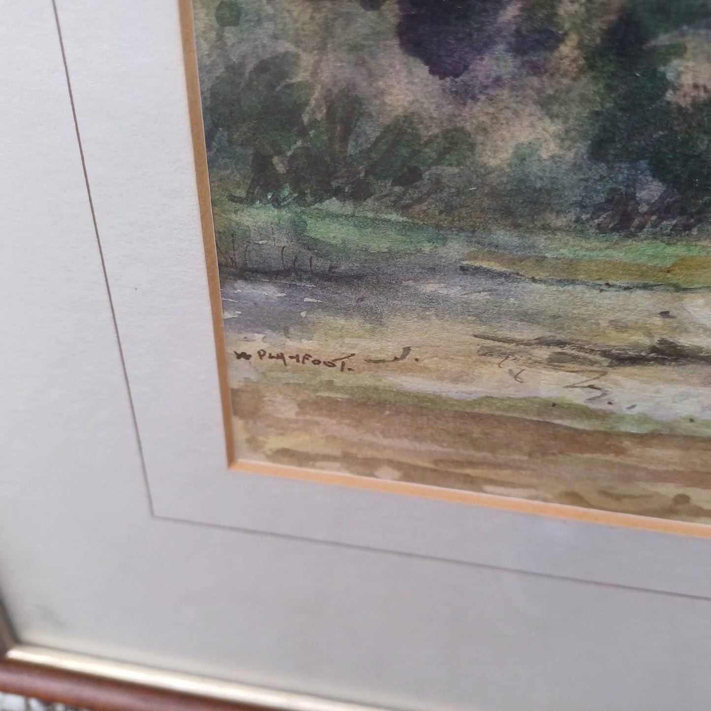 Mid-century watercolour of Piddinghoe and The Ouse, Lewes, Sussex by W Playfoot, glazed vintage frame and mount - excellent condition