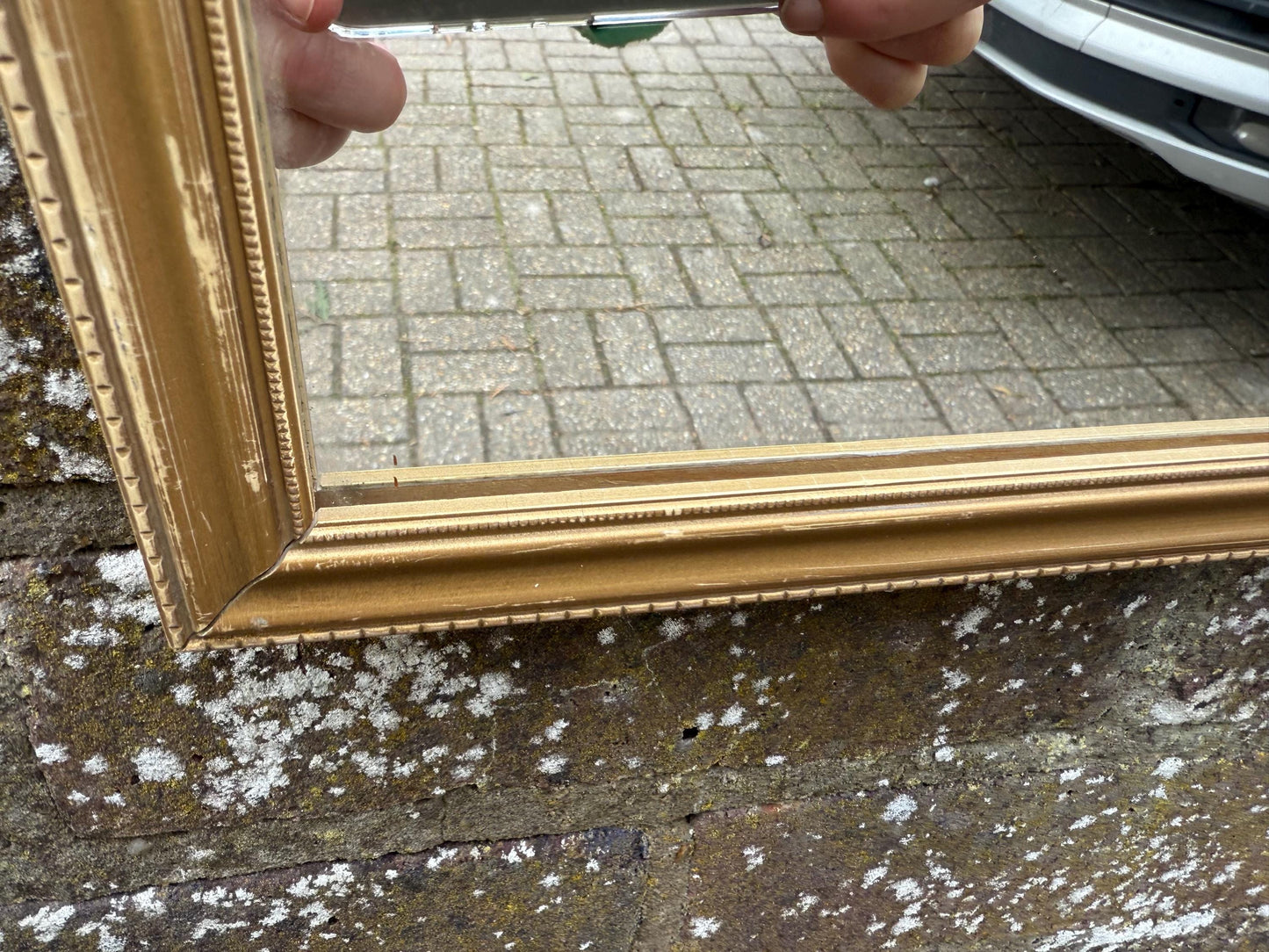 Good Sized Vintage 70s Retro Gilt Gold Wall Mirror – currently horizontal/landscape (60cm x 46cm)