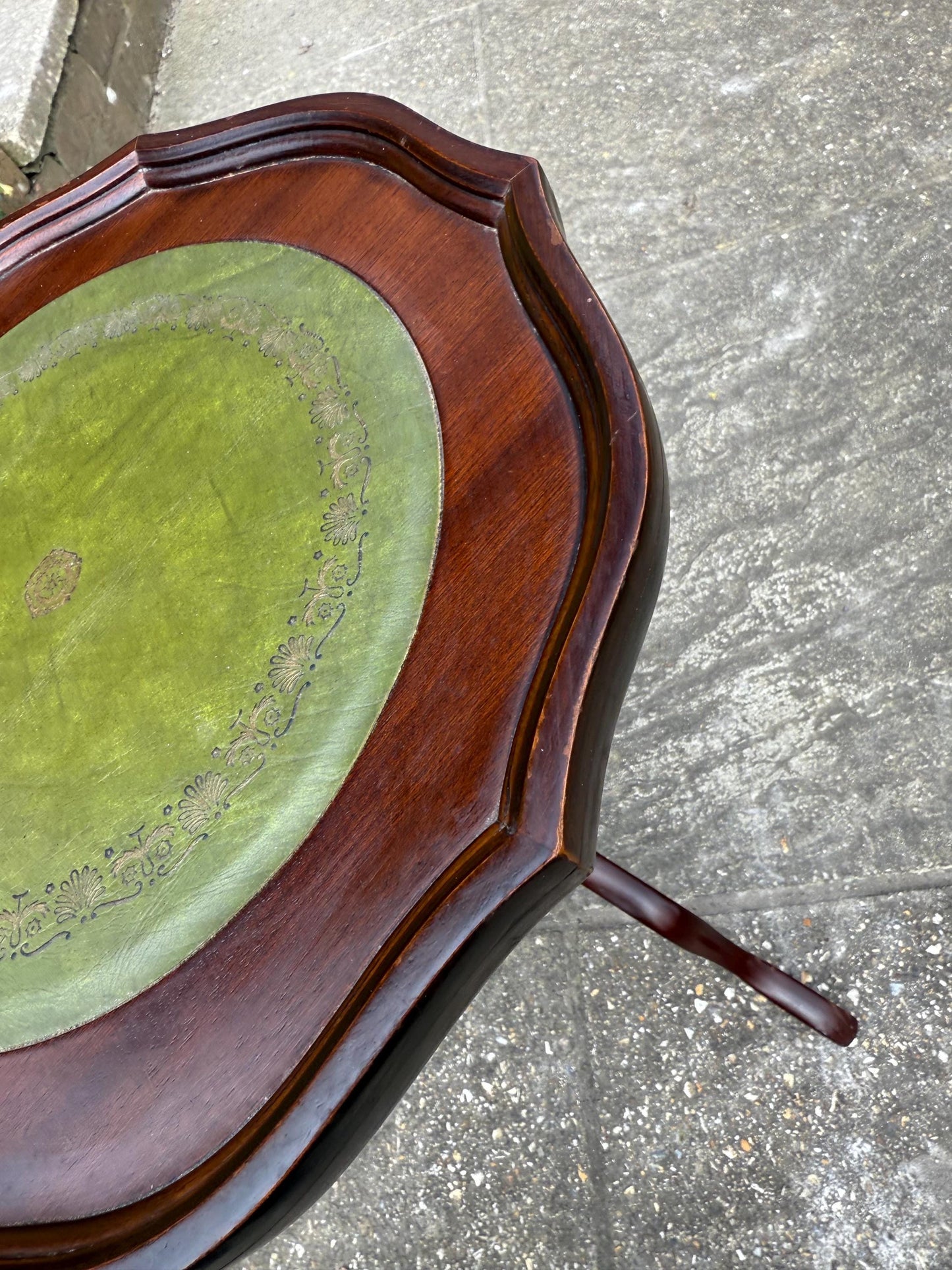 Classic Vintage Wine or Lamp Table with green leatherette top (end table, coffee table), vintage wooden wine table, faux leather top