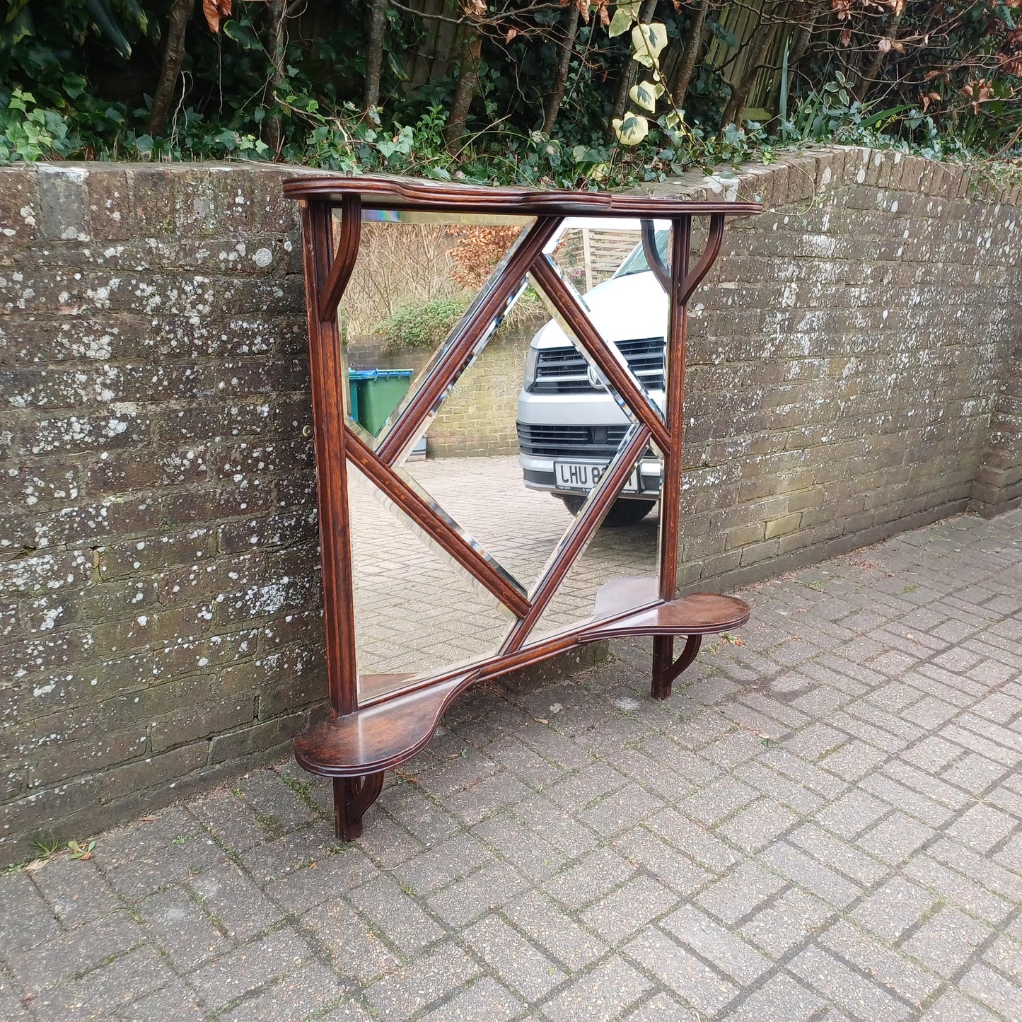 Rare Late Victorian Bevelled Wall Mirror Oak Frame 5Panel Glass Industrial Gothic Style Overmantel or Hanging Display FREE HAND Delivery