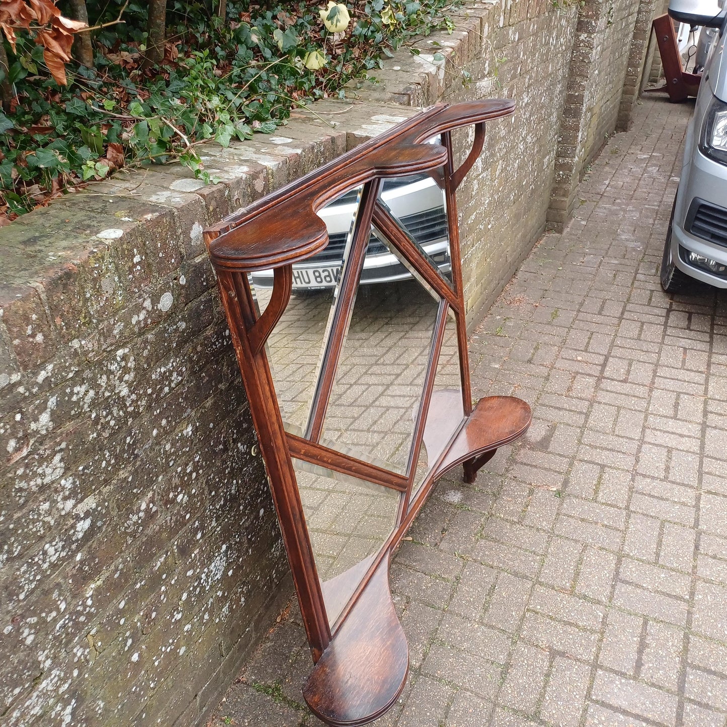 Rare Late Victorian Bevelled Wall Mirror Oak Frame 5Panel Glass Industrial Gothic Style Overmantel or Hanging Display FREE HAND Delivery