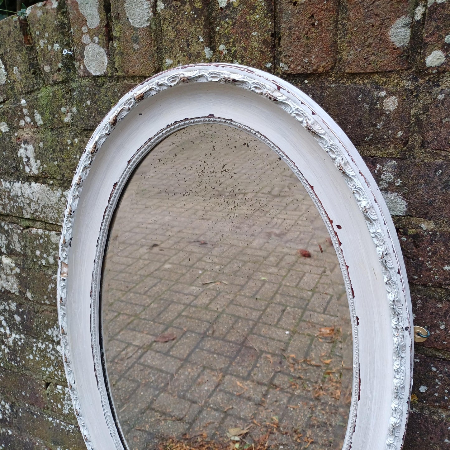 Large Age Worn Characterful Bespoke Vintage Painted Oval Mirror Very Shabby Chic