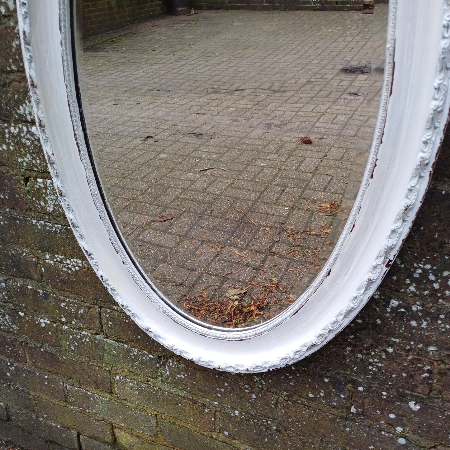 Large Age Worn Characterful Bespoke Vintage Painted Oval Mirror Very Shabby Chic