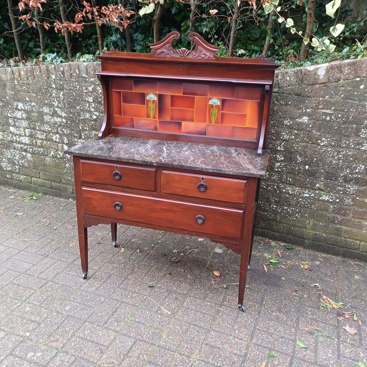 Magnificent Early 20th Century Washstand Marble Top Art Nouveau Tiles Drawers FREE HAND Delivery Bathroom Sink Vanity Unit