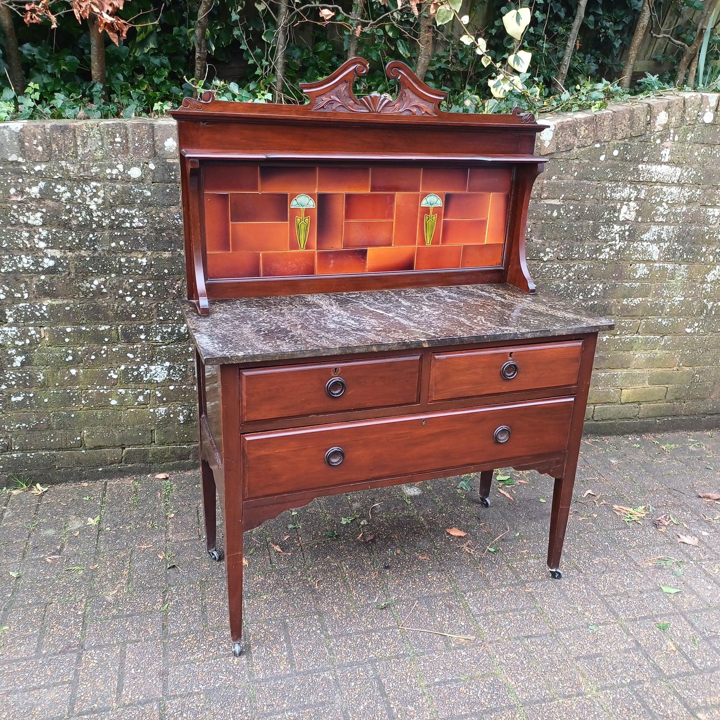 Magnificent Early 20th Century Washstand Marble Top Art Nouveau Tiles Drawers FREE HAND Delivery Bathroom Sink Vanity Unit
