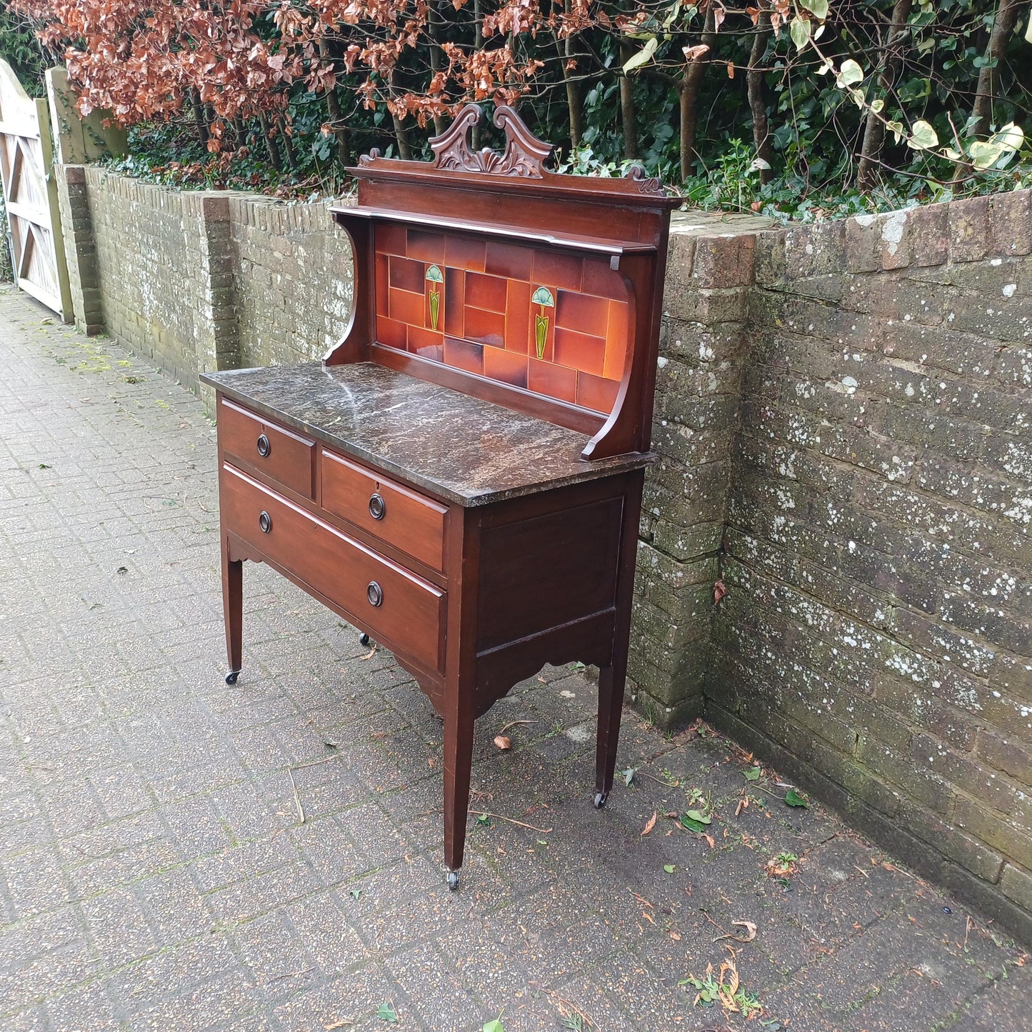 Magnificent Early 20th Century Washstand Marble Top Art Nouveau Tiles Drawers FREE HAND Delivery Bathroom Sink Vanity Unit
