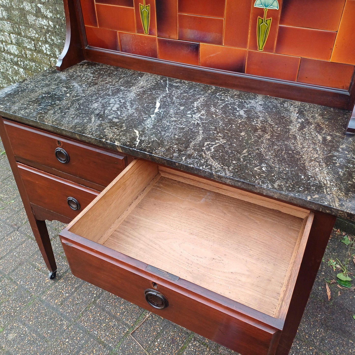 Magnificent Early 20th Century Washstand Marble Top Art Nouveau Tiles Drawers FREE HAND Delivery Bathroom Sink Vanity Unit