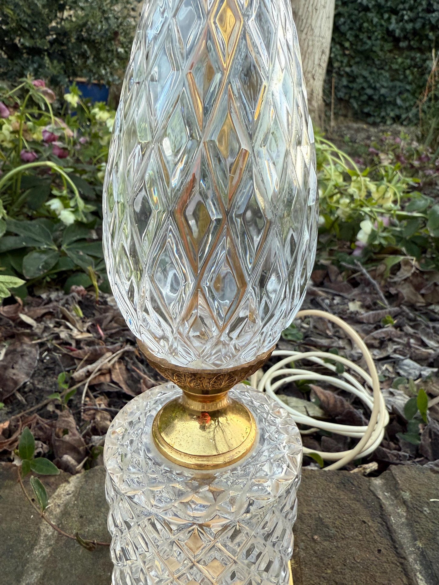 Rare mid-century Cut Glass and Metal vintage tall table lamp, Hollywood Regency Style, 44cm tall