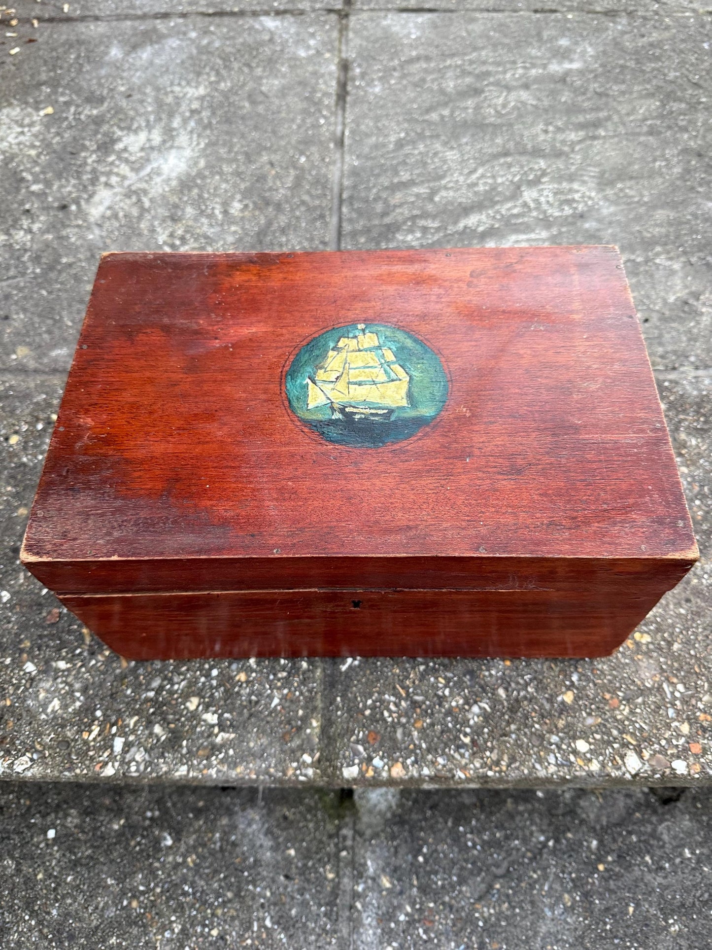 Small 1900s treasure chest, antique wooden box, nautical treasure box, vintage jewellery box, artist box - small 30cm x 20cm x 15cm