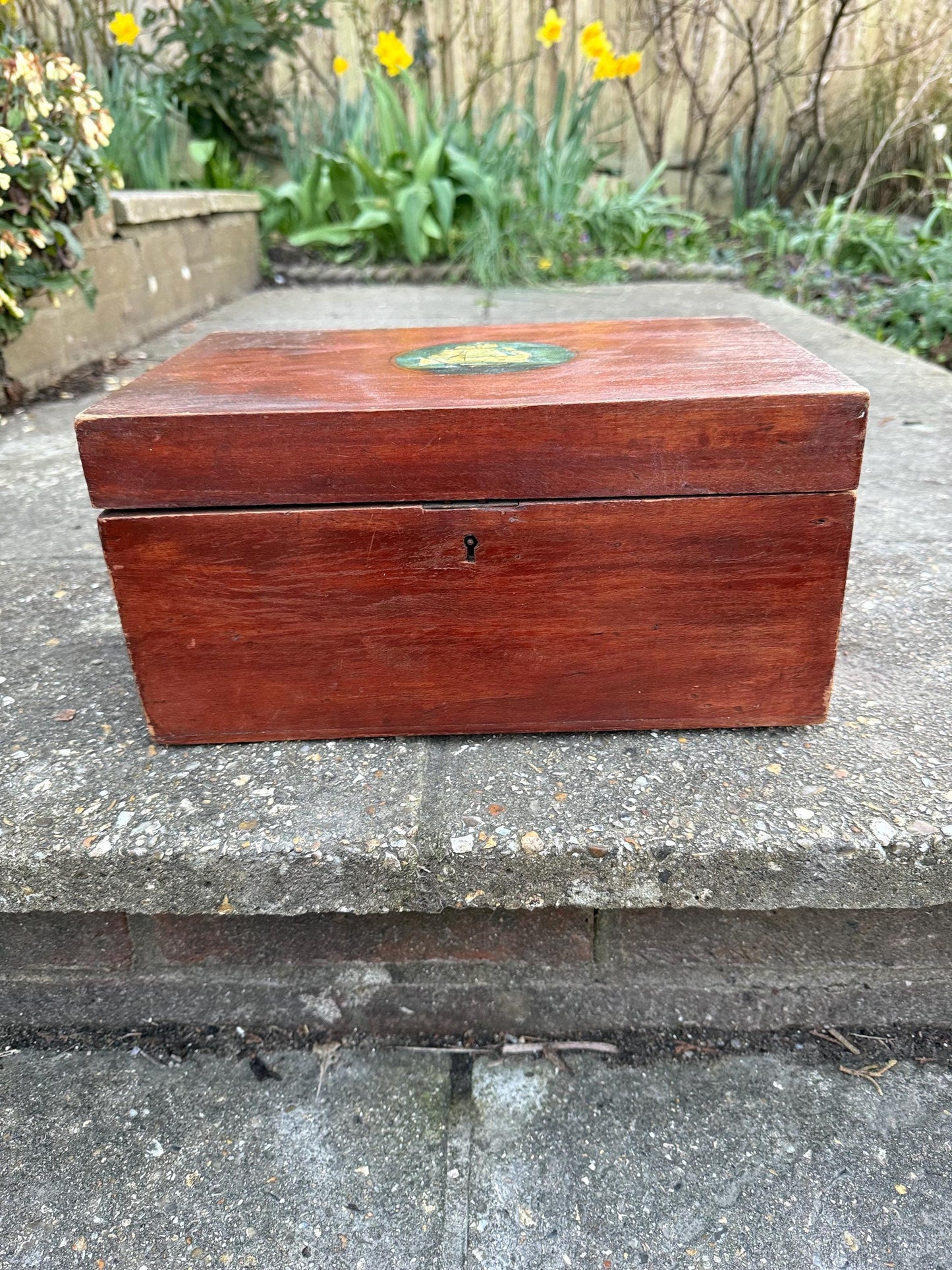 Small 1900s treasure chest, antique wooden box, nautical treasure box, vintage jewellery box, artist box - small 30cm x 20cm x 15cm