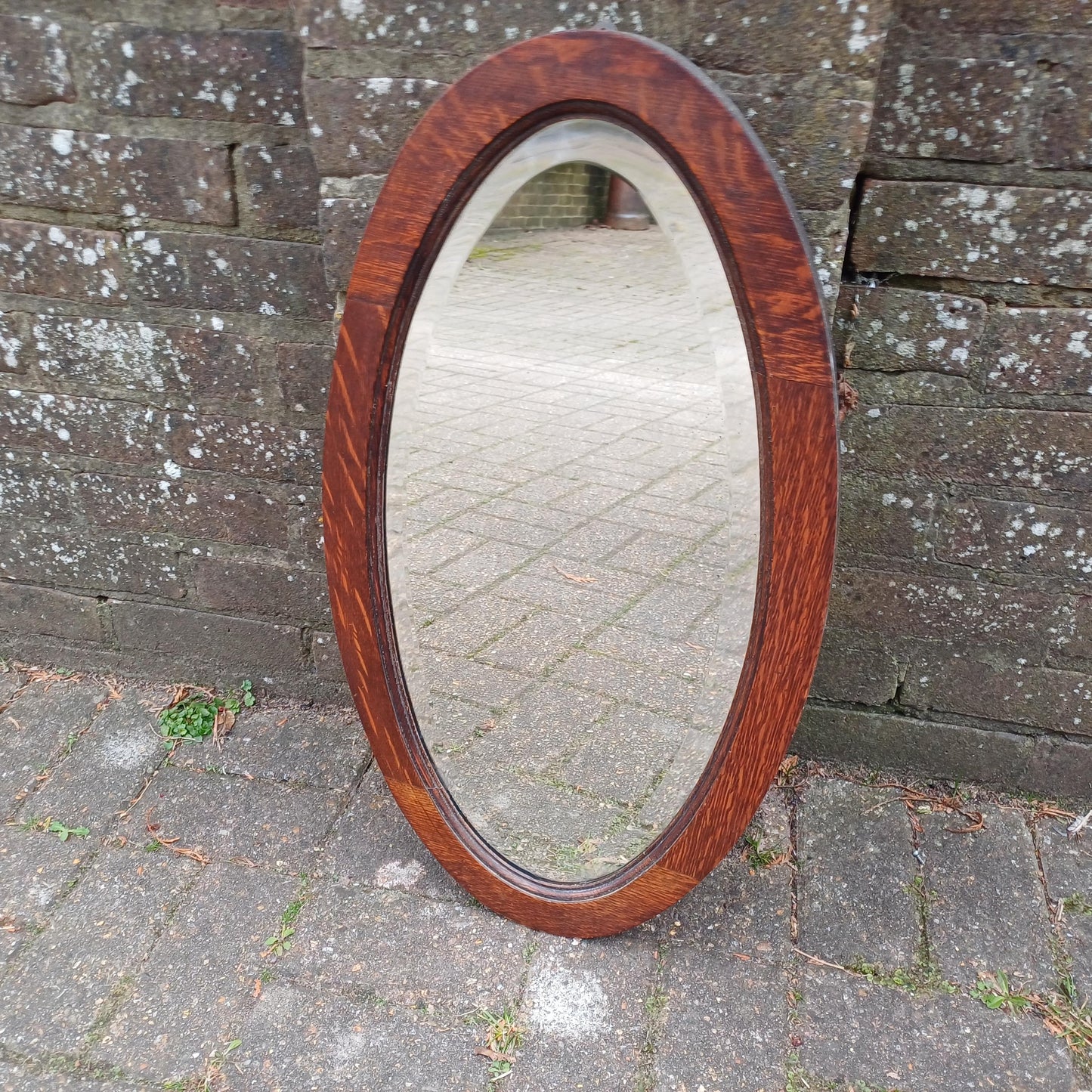 Superb 1920s Antique Oval Oak Wall Mirror – Bevelled Glass, Solid Wood Frame, Vintage Hallway Bathroom Bedroom Mirror, Original Patina