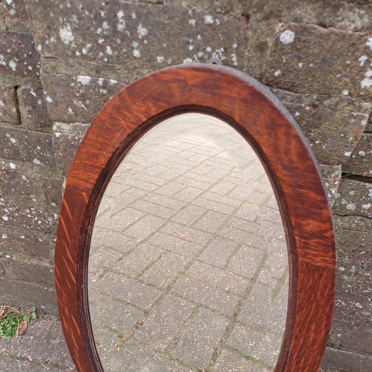 Superb 1920s Antique Oval Oak Wall Mirror – Bevelled Glass, Solid Wood Frame, Vintage Hallway Bathroom Bedroom Mirror, Original Patina