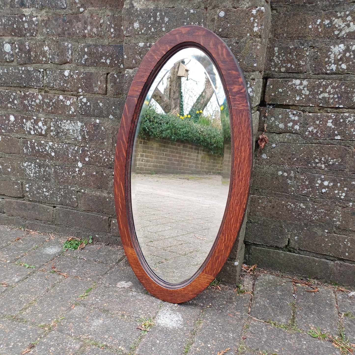 Superb 1920s Antique Oval Oak Wall Mirror – Bevelled Glass, Solid Wood Frame, Vintage Hallway Bathroom Bedroom Mirror, Original Patina