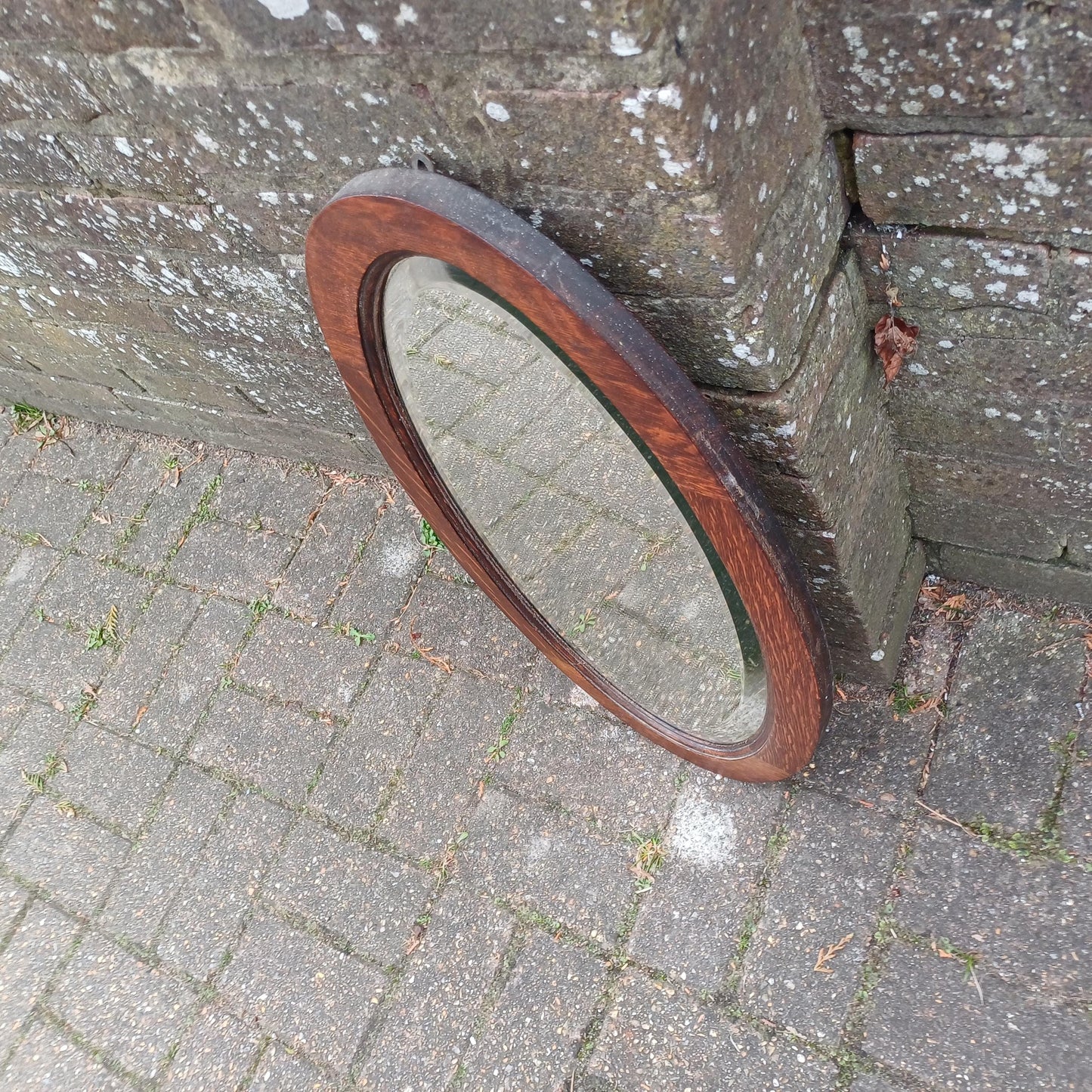 Superb 1920s Antique Oval Oak Wall Mirror – Bevelled Glass, Solid Wood Frame, Vintage Hallway Bathroom Bedroom Mirror, Original Patina