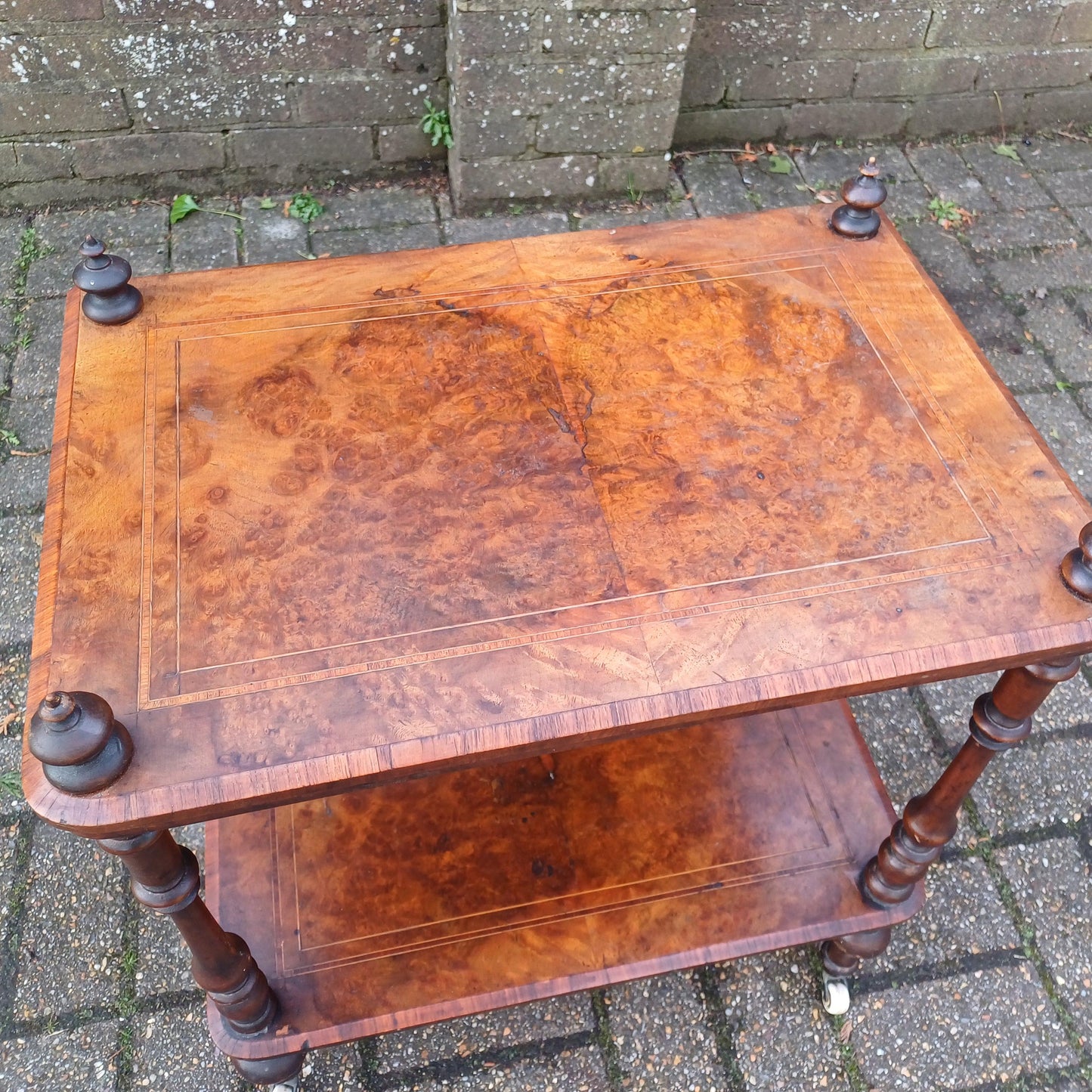 Vintage Victorian Walnut and Mahogany Inlaid Side Table Shelf or Wot Not