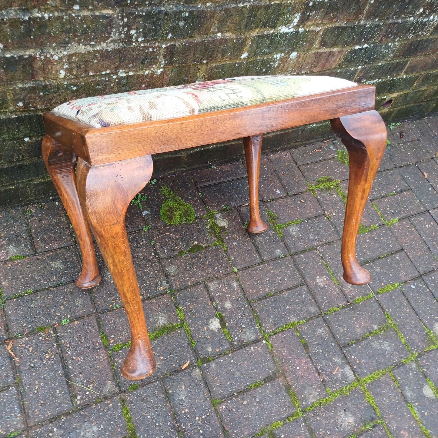 Vintage Chippendale Revival Wooden Stool with Cabriole Legs, Needlepoint Seat, Tapestry Mahogany Frame - excellent stool mid-Century replica