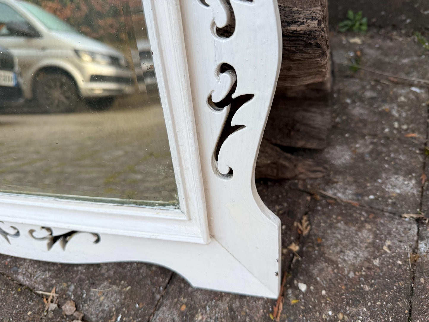 Antique painted wall mirror, decorated mirror frame, bevelled glass – attractive small painted vintage mirror (50cm x 40cm)