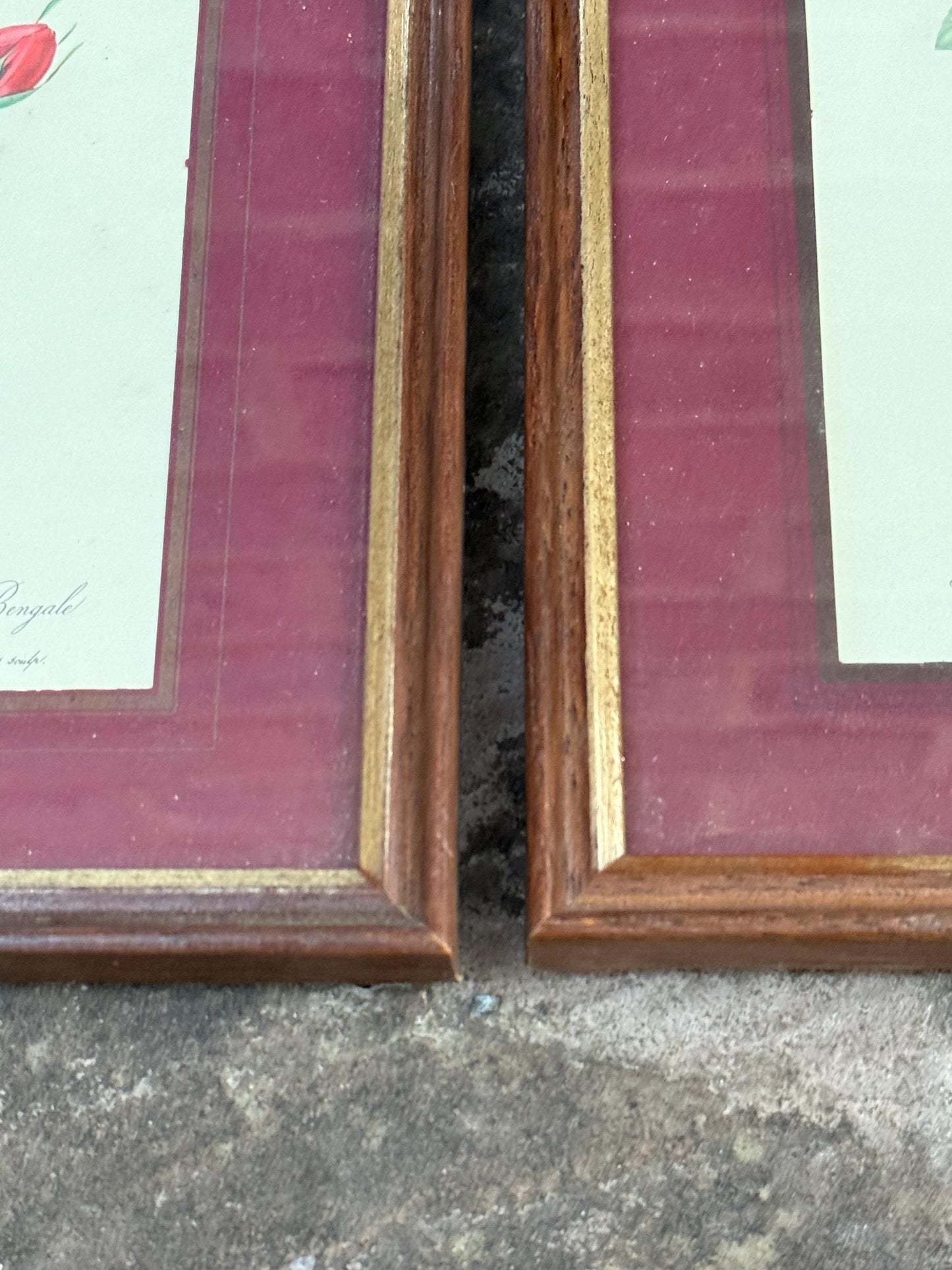Four matching vintage wooden frames with gilt detail and glazing, small vintage frames, set of four - flower prints, maroon mounts