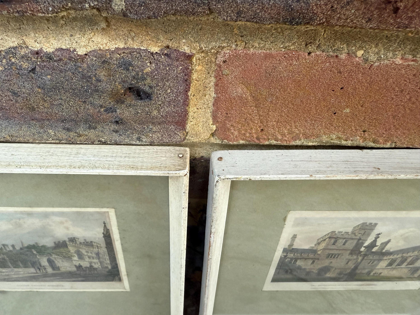Corpus Christi College, University of Cambridge : 1800 Engravings, hand coloured, vintage prints x 2 in glazed painted wooden vintage frames