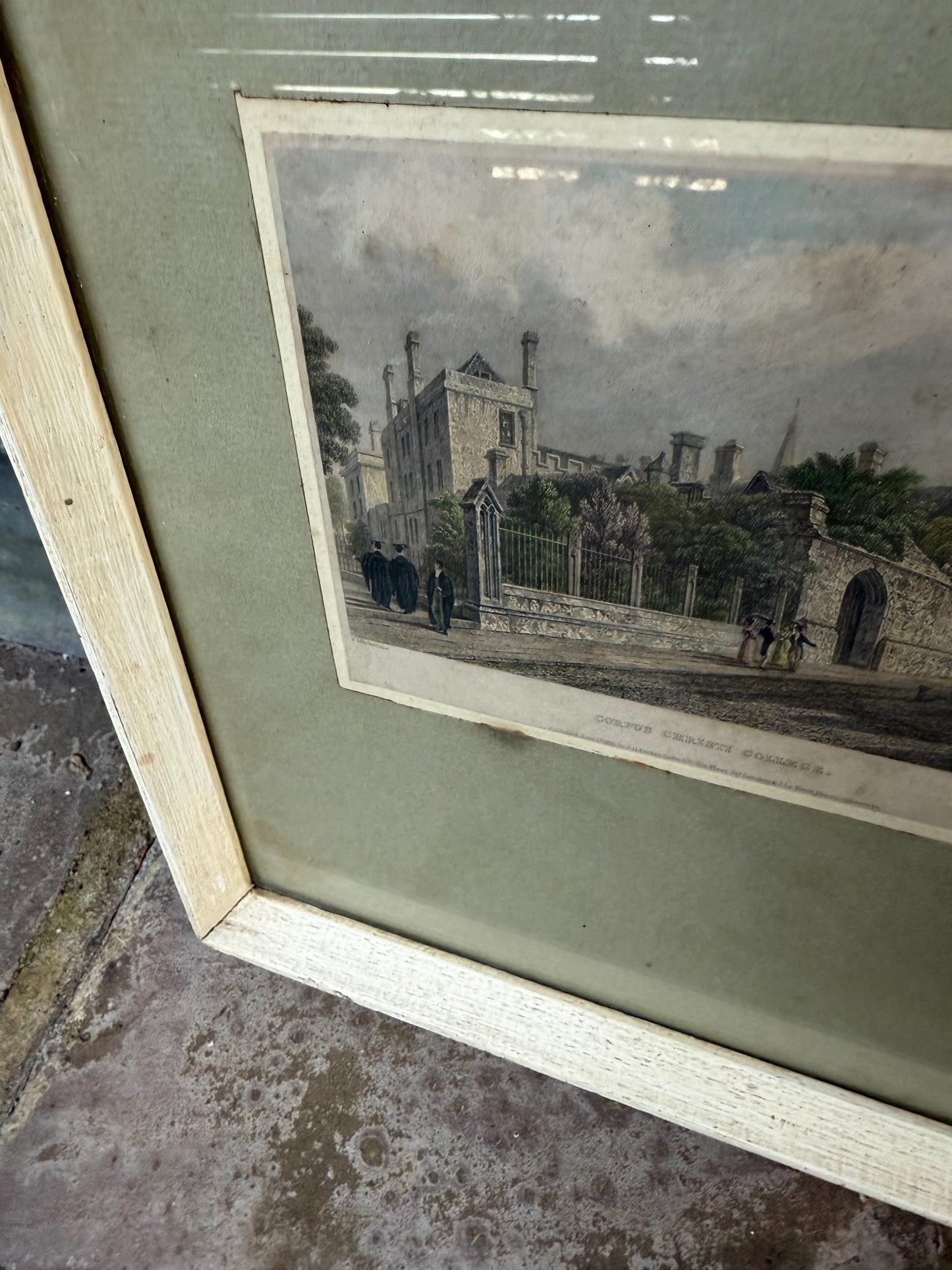 Corpus Christi College, University of Cambridge : 1800 Engravings, hand coloured, vintage prints x 2 in glazed painted wooden vintage frames