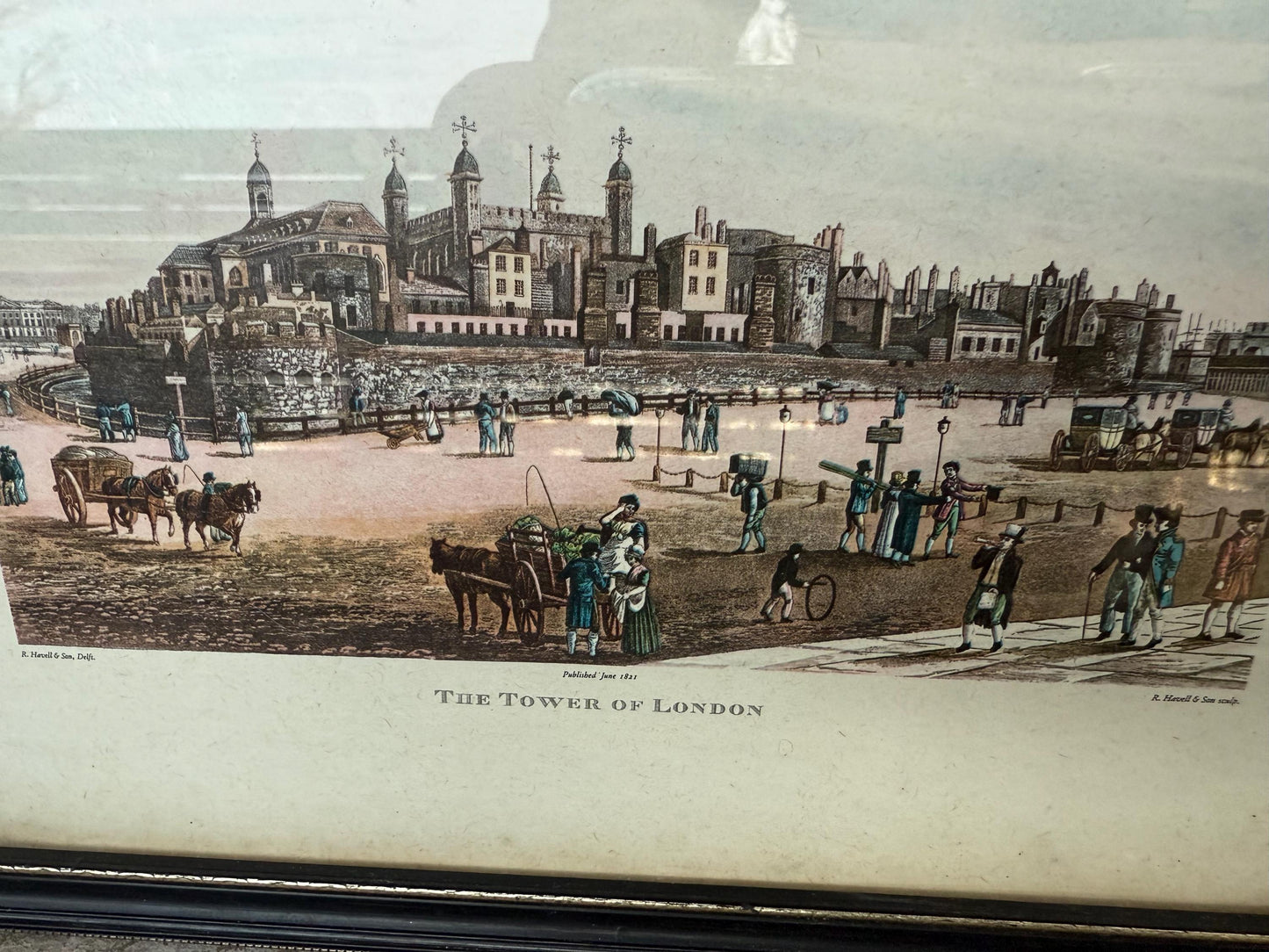 London Scenes – vintage colour aquatint prints by Havel & Sons, The Tower of London and Westminster Abbey, St Margaret’s Church, – 1800s