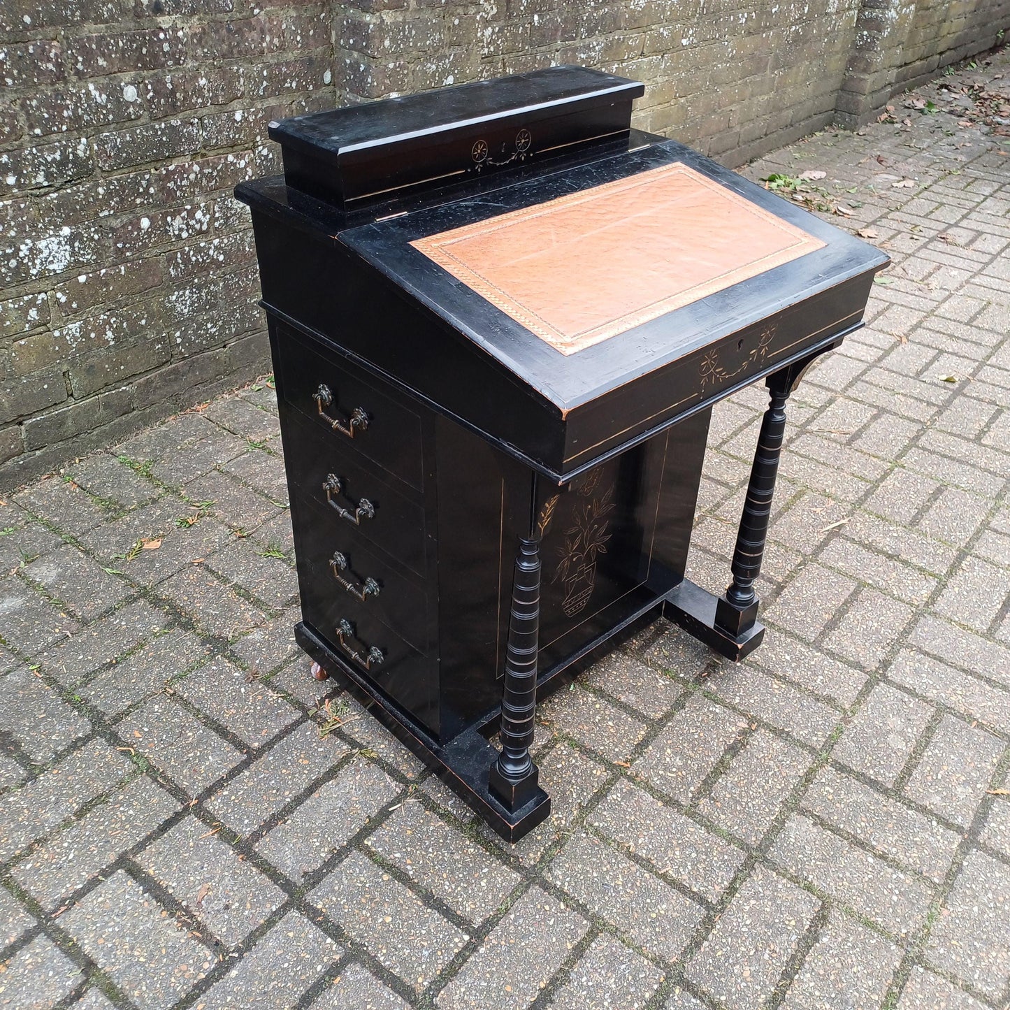 Vintage Davenport Antique Writing Desk with Secret Compartment, Late 19th/Early 20th Century FREE HAND Delivery Black Gold Ebonised