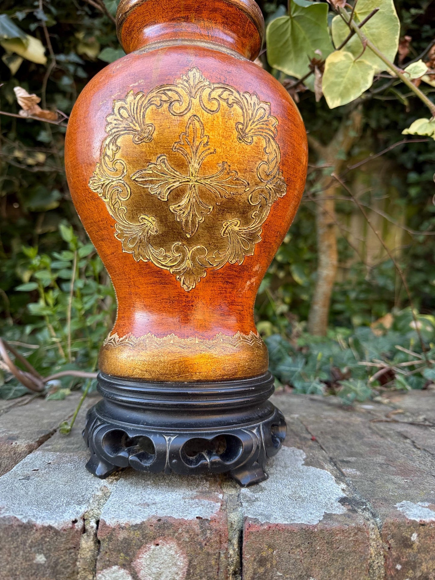 Vintage Asian Influenced Table Lamp (1970s) - burnt oranges, browns, golds - fully PAT tested and working