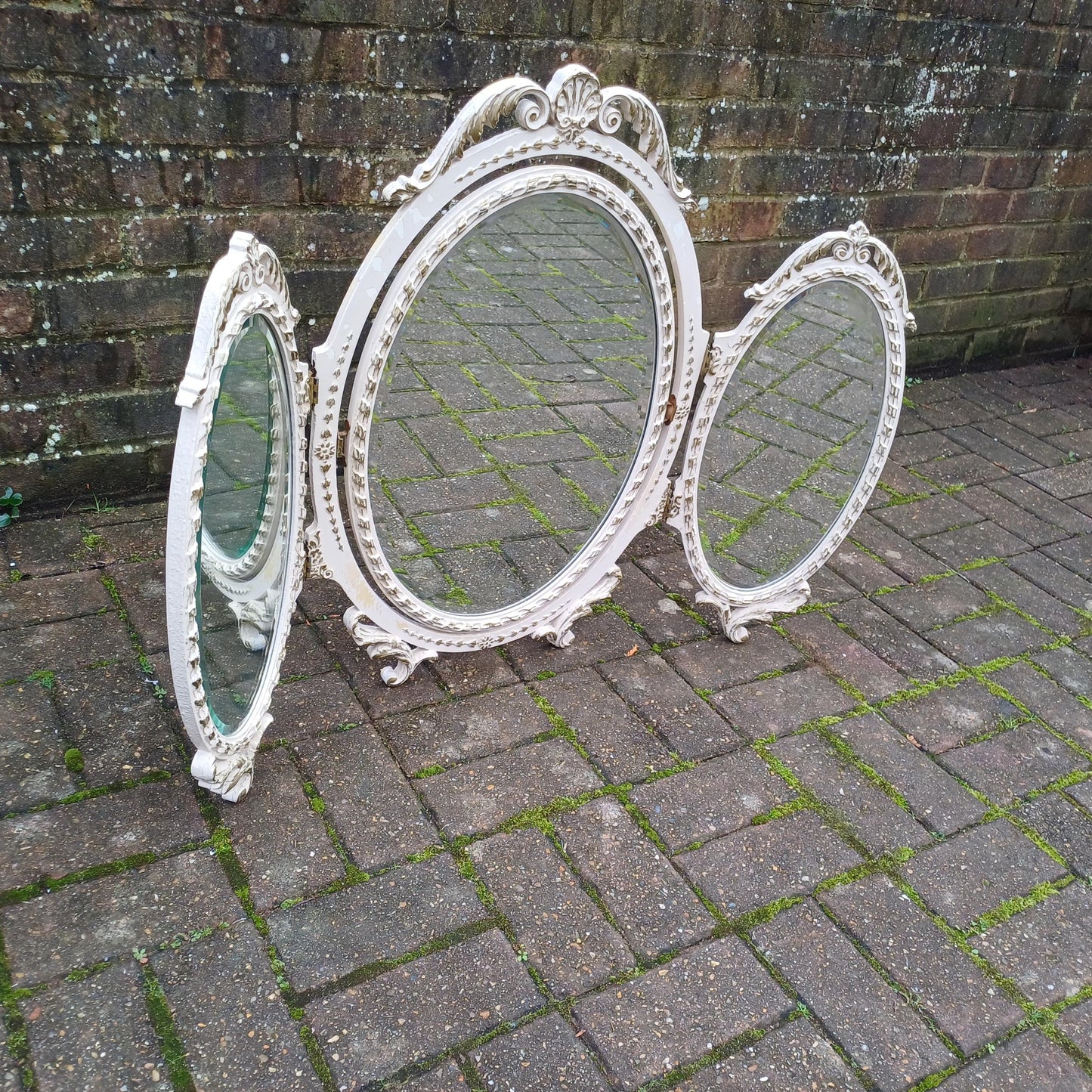 A Particularly Large Classic 70s Bedroom Ornate Painted Triple Dressing Table Mirror Light Cream Gold Highlights Bevelled Glass Adjustable.