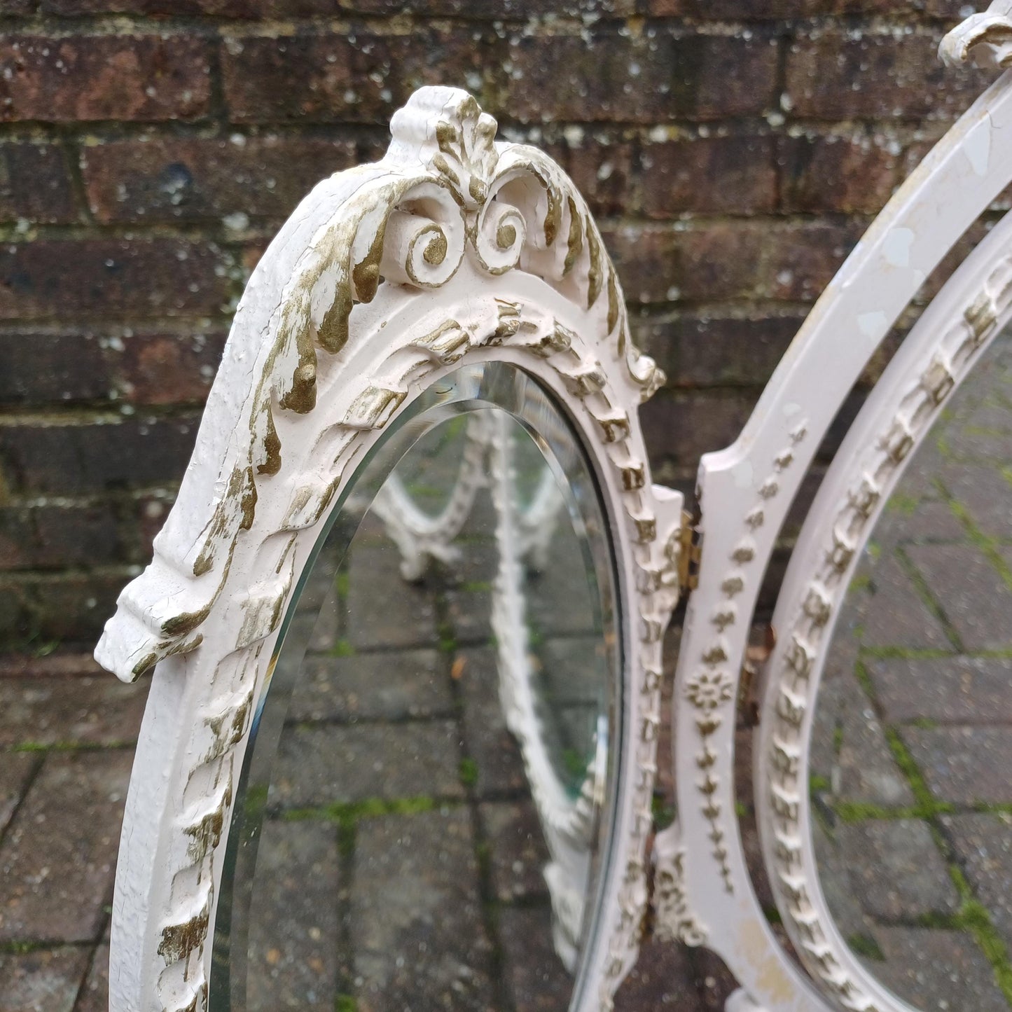 A Particularly Large Classic 70s Bedroom Ornate Painted Triple Dressing Table Mirror Light Cream Gold Highlights Bevelled Glass Adjustable.