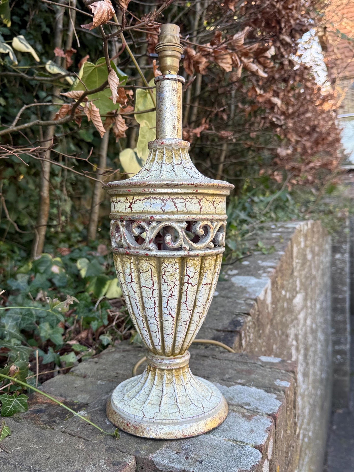 Large vintage Neo-Classical Urn Shaped Lamp in Cream, gold and crackle finish with reddish tones - PAT tested and working, 48cm tall