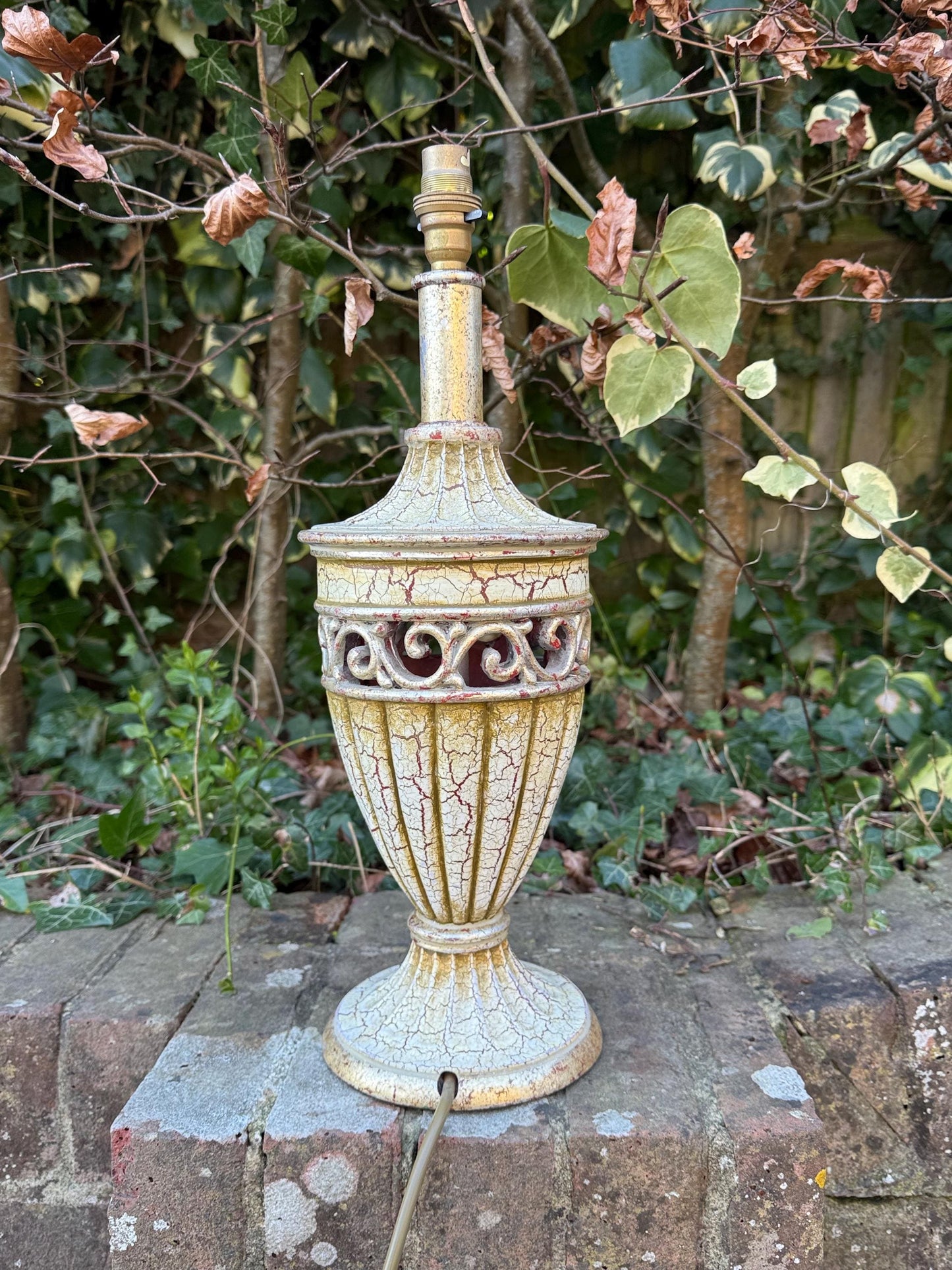 Large vintage Neo-Classical Urn Shaped Lamp in Cream, gold and crackle finish with reddish tones - PAT tested and working, 48cm tall