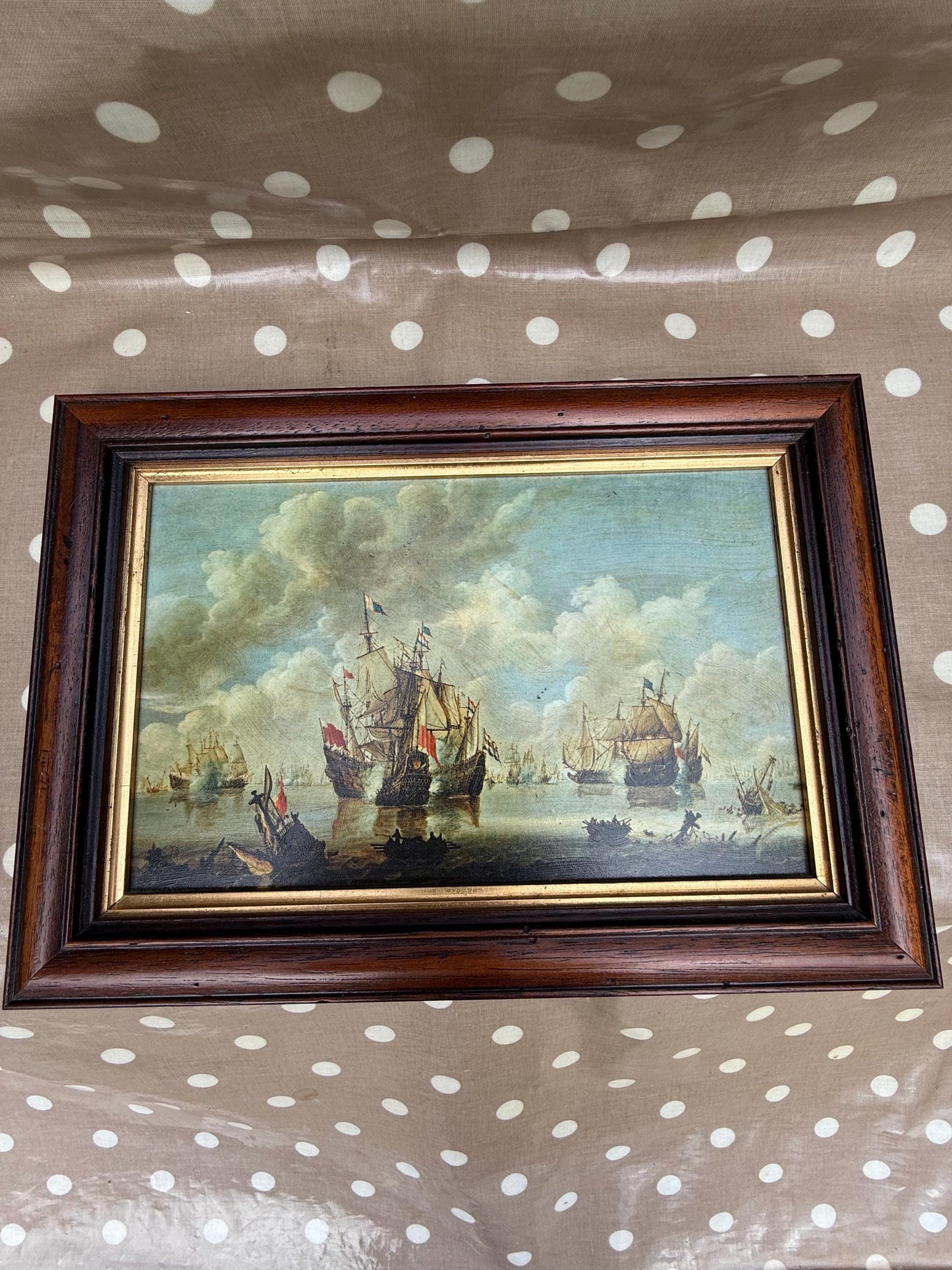 Small Vintage Maritime Naval Prints in quality frames, Willem van de Velde 17th C paintings (Port d'Amsterdam & Combat Naval La Mer Du Nord)