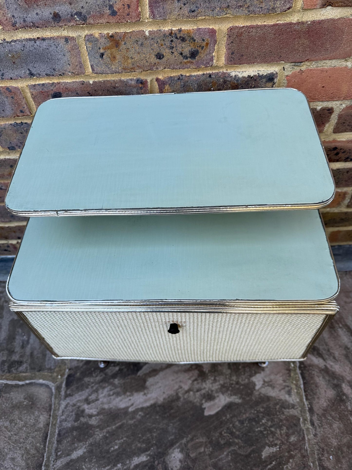 Rare mid-century bedside cupboard, super retro style with woven detail, chrome effect and tapered legs