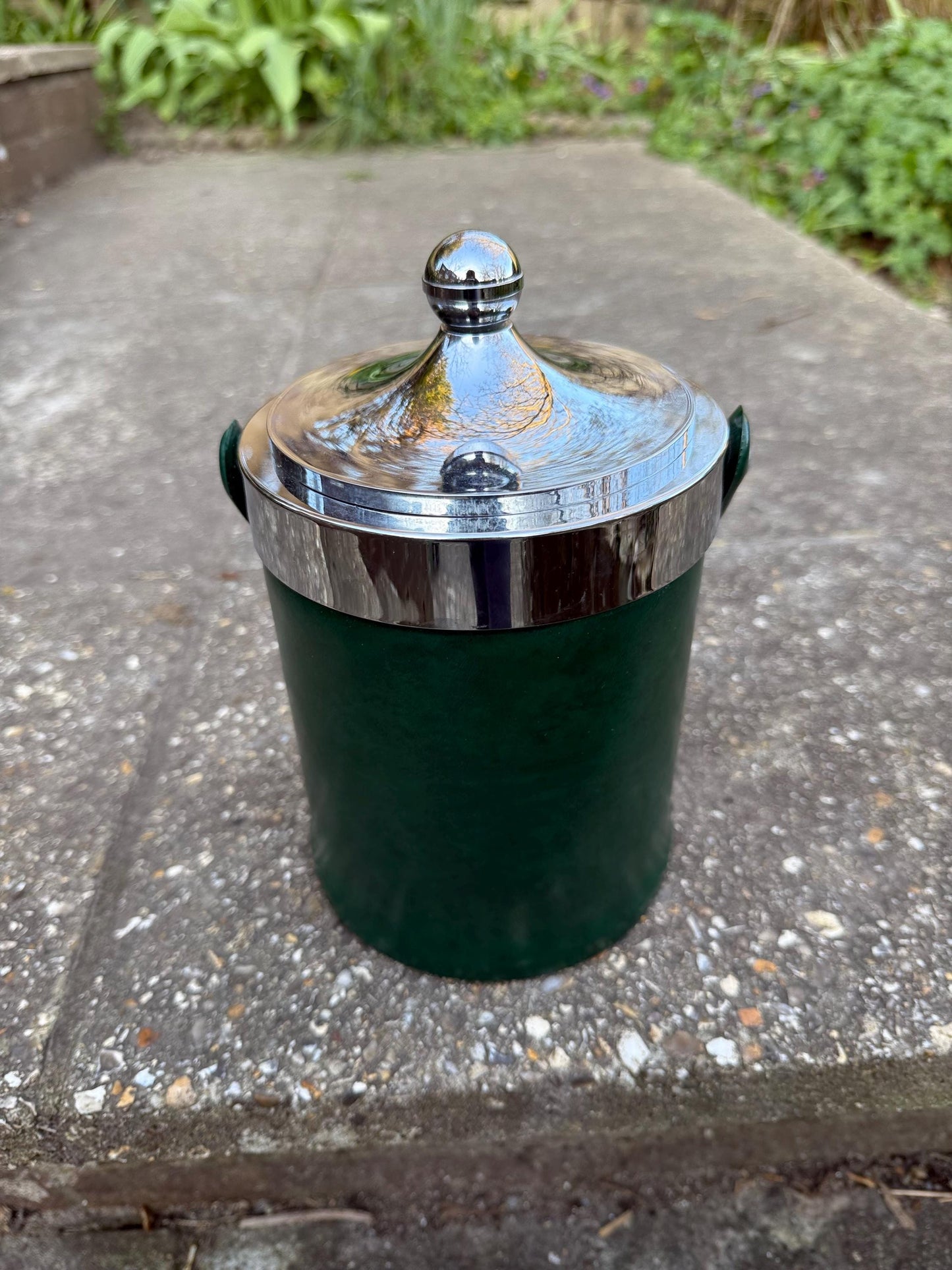 Vintage Retro Faux Green Leather & Chrome Ice Bucket or Storage Pot