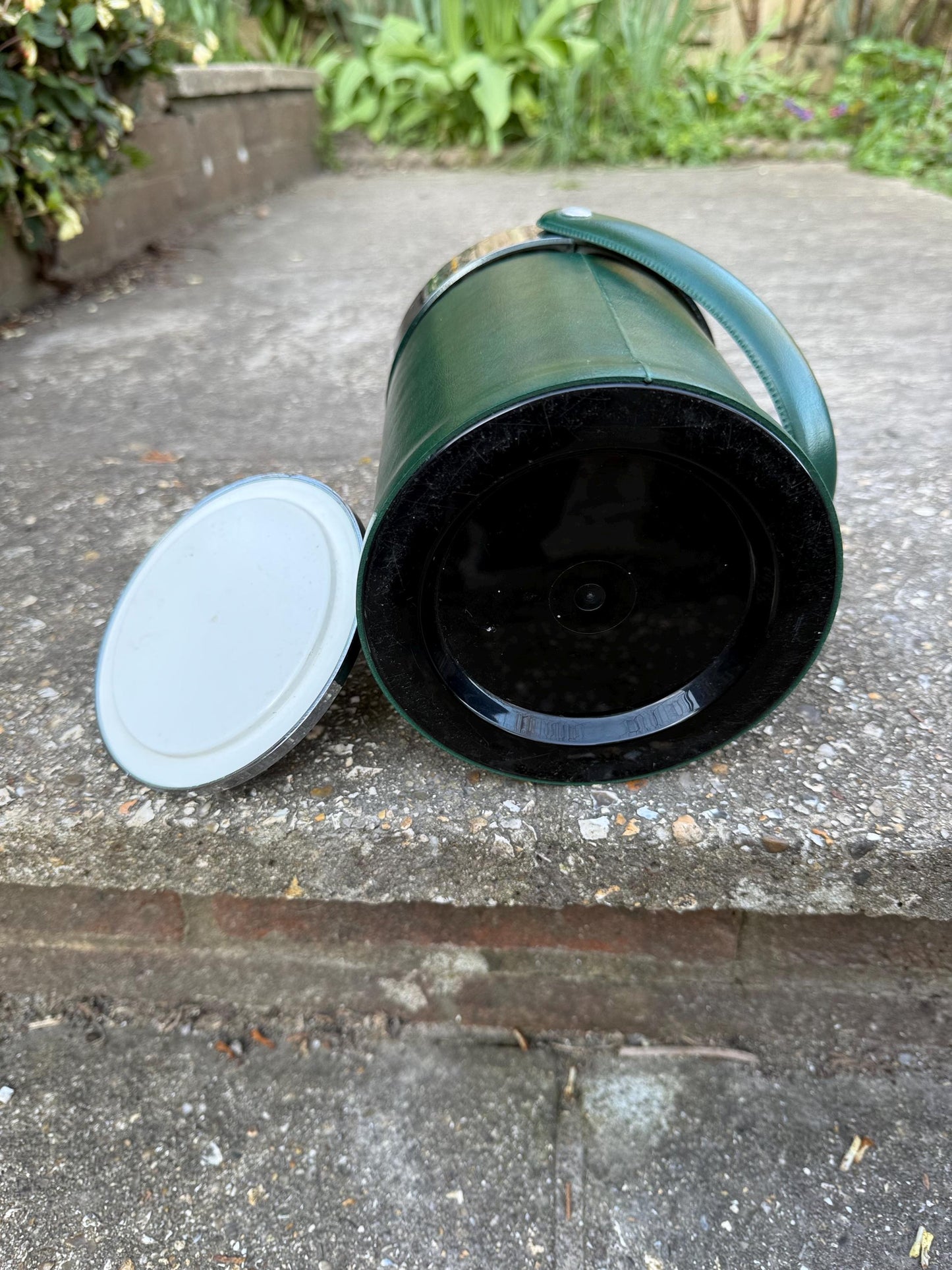 Vintage Retro Faux Green Leather & Chrome Ice Bucket or Storage Pot