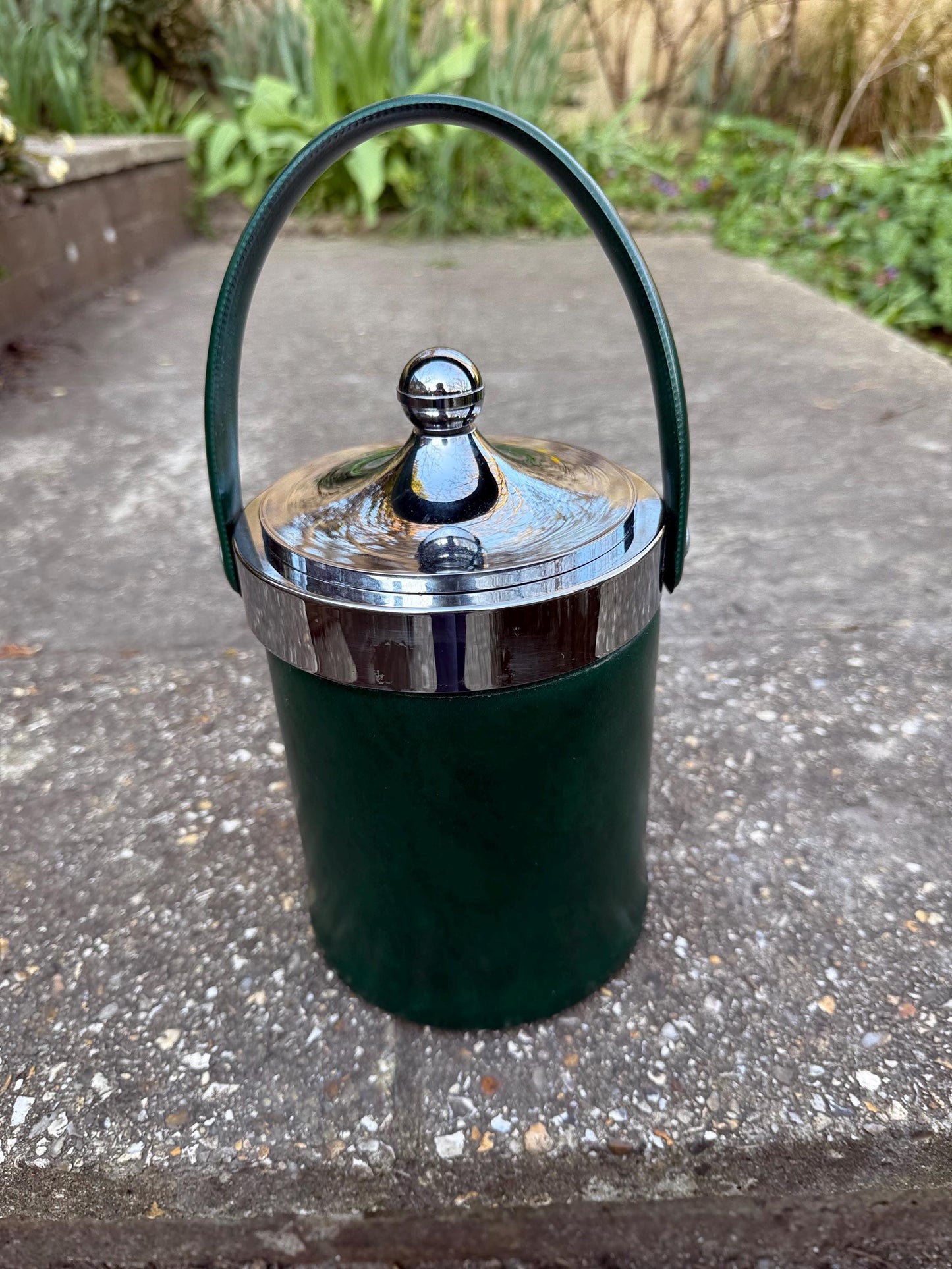 Vintage Retro Faux Green Leather & Chrome Ice Bucket or Storage Pot