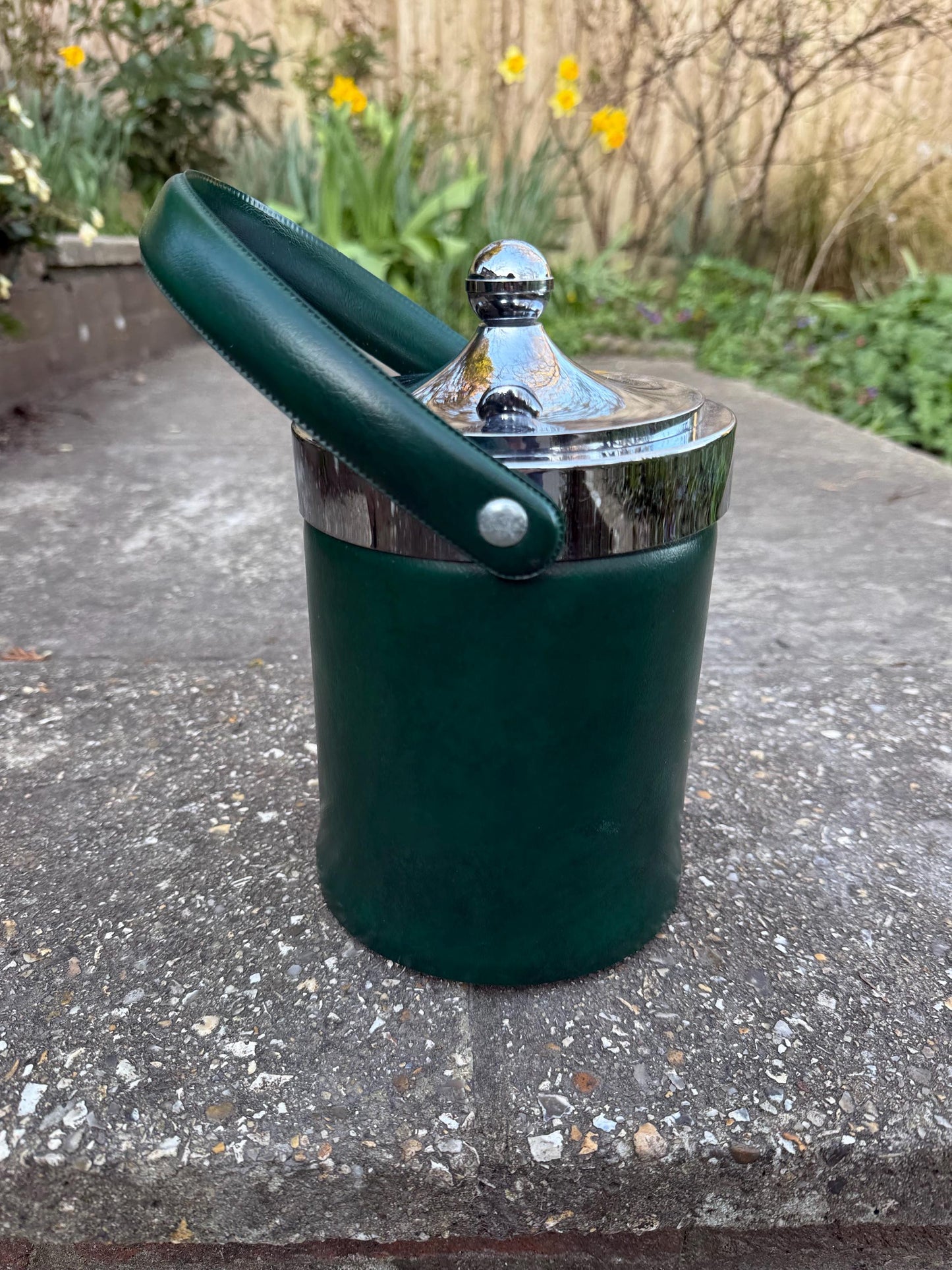 Vintage Retro Faux Green Leather & Chrome Ice Bucket or Storage Pot
