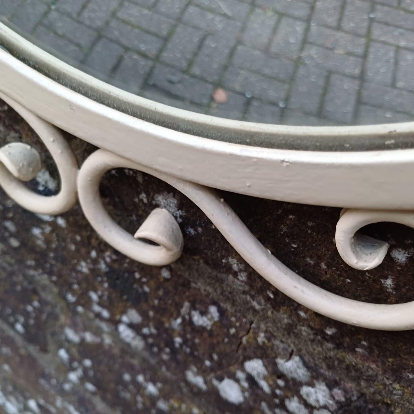 Vintage scrollwork round mirror with chain hanger and original wooden back - mid-century, French provincial revival - small wall mirror