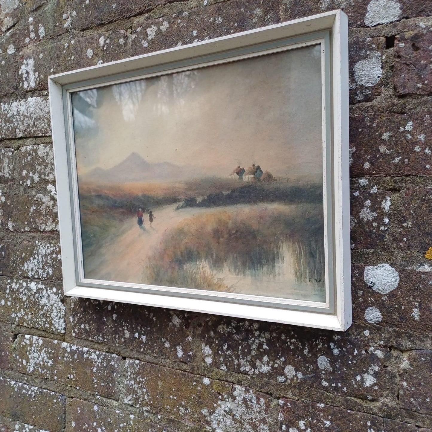 Rare K.M. Boyd vintage watercolour - "A country lane in County N" early 1900s, mountainous landscape painting in wonderful glazed frame