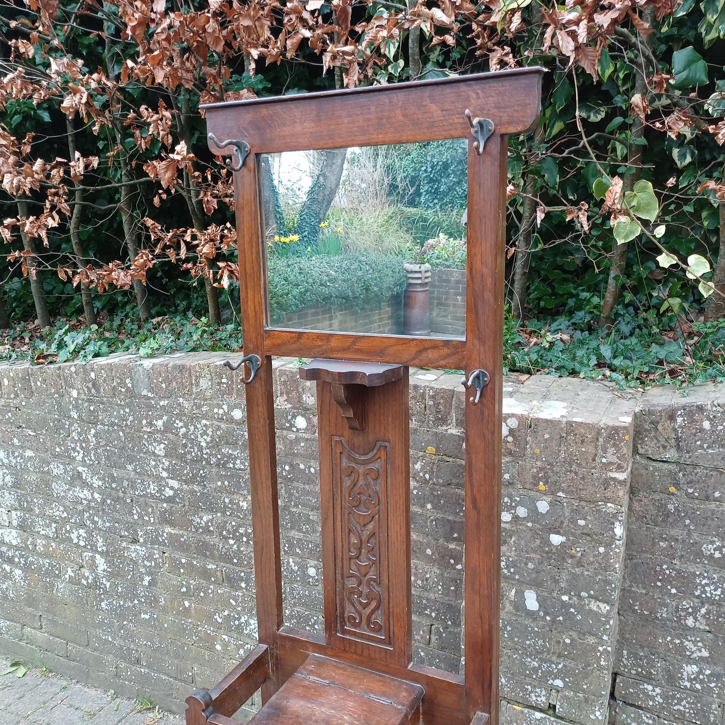 Vintage Antique Arts and Crafts Hall Stand – Oak Wood Coat Rack with Mirror and Umbrella Holder FREE HAND Delivery