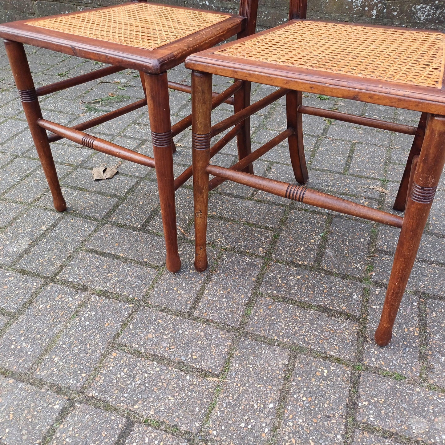 Pair of Antique Vintage Edwardian Cane Seat Chairs – Mahogany Dining or Accent Chairs with Carved Lyre Back