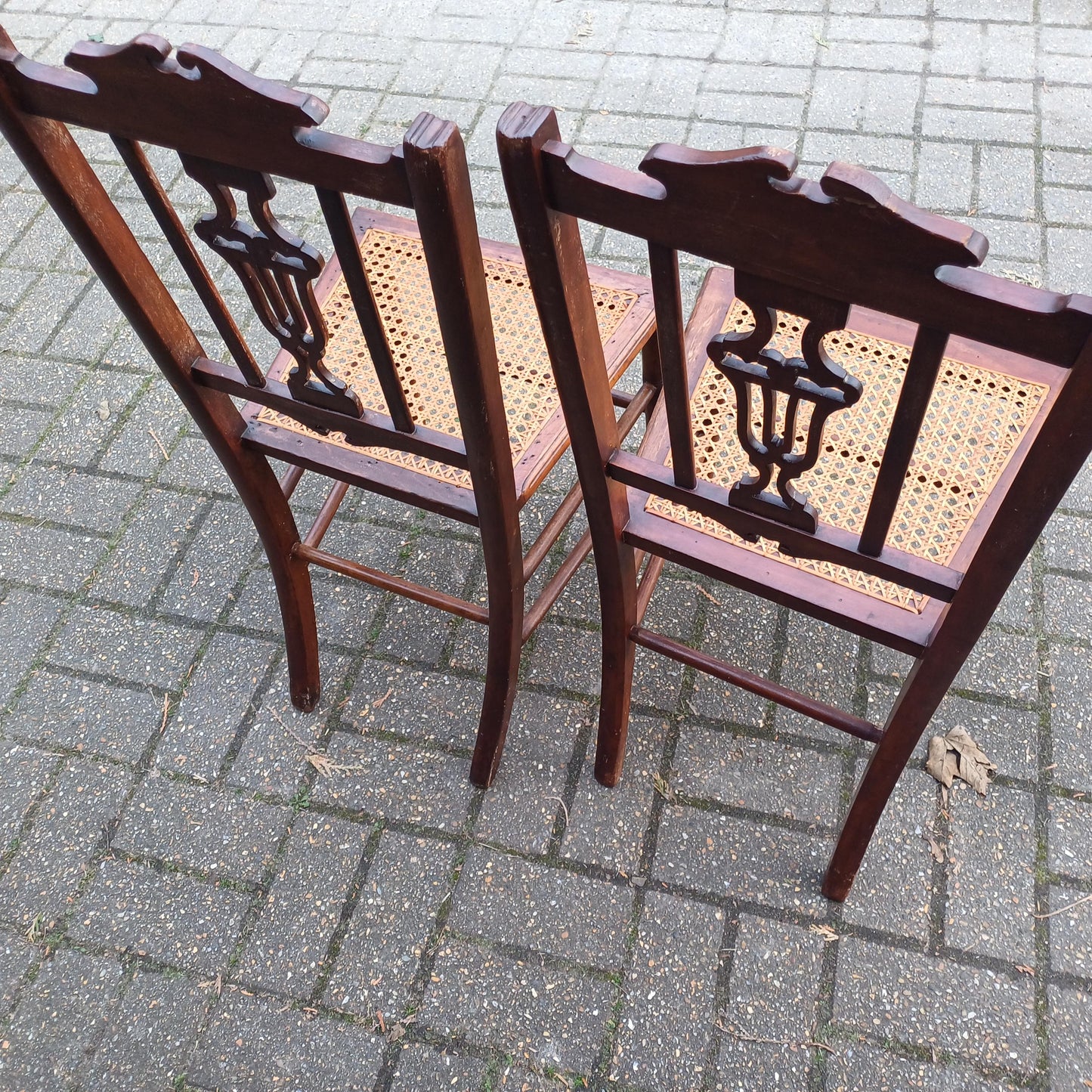 Pair of Antique Vintage Edwardian Cane Seat Chairs – Mahogany Dining or Accent Chairs with Carved Lyre Back