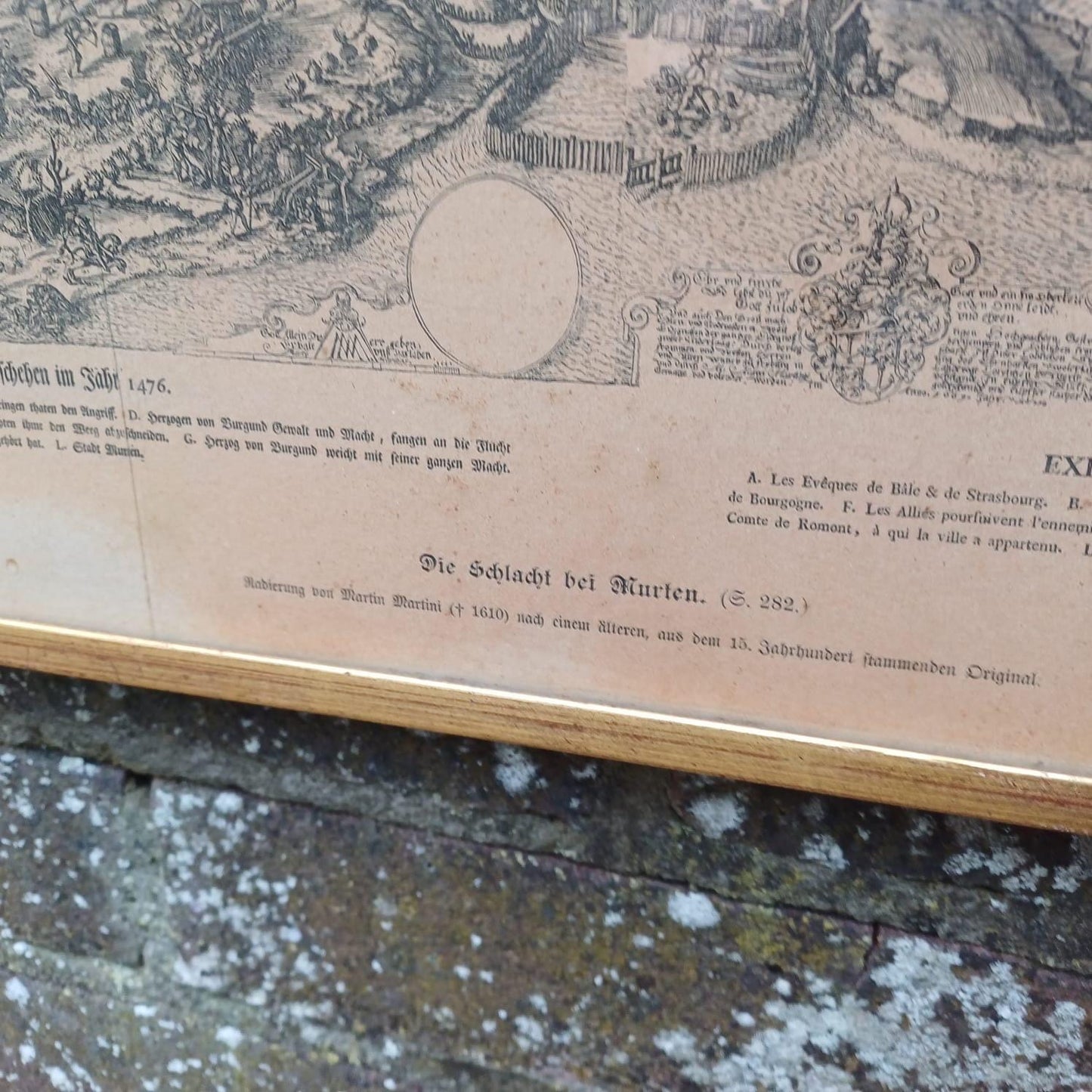 Early 1900s print of Engraving of 15th Century Burgundian Battle of Morat by Martin Martini in 1610 - militaria, vintage gilt glazed frame