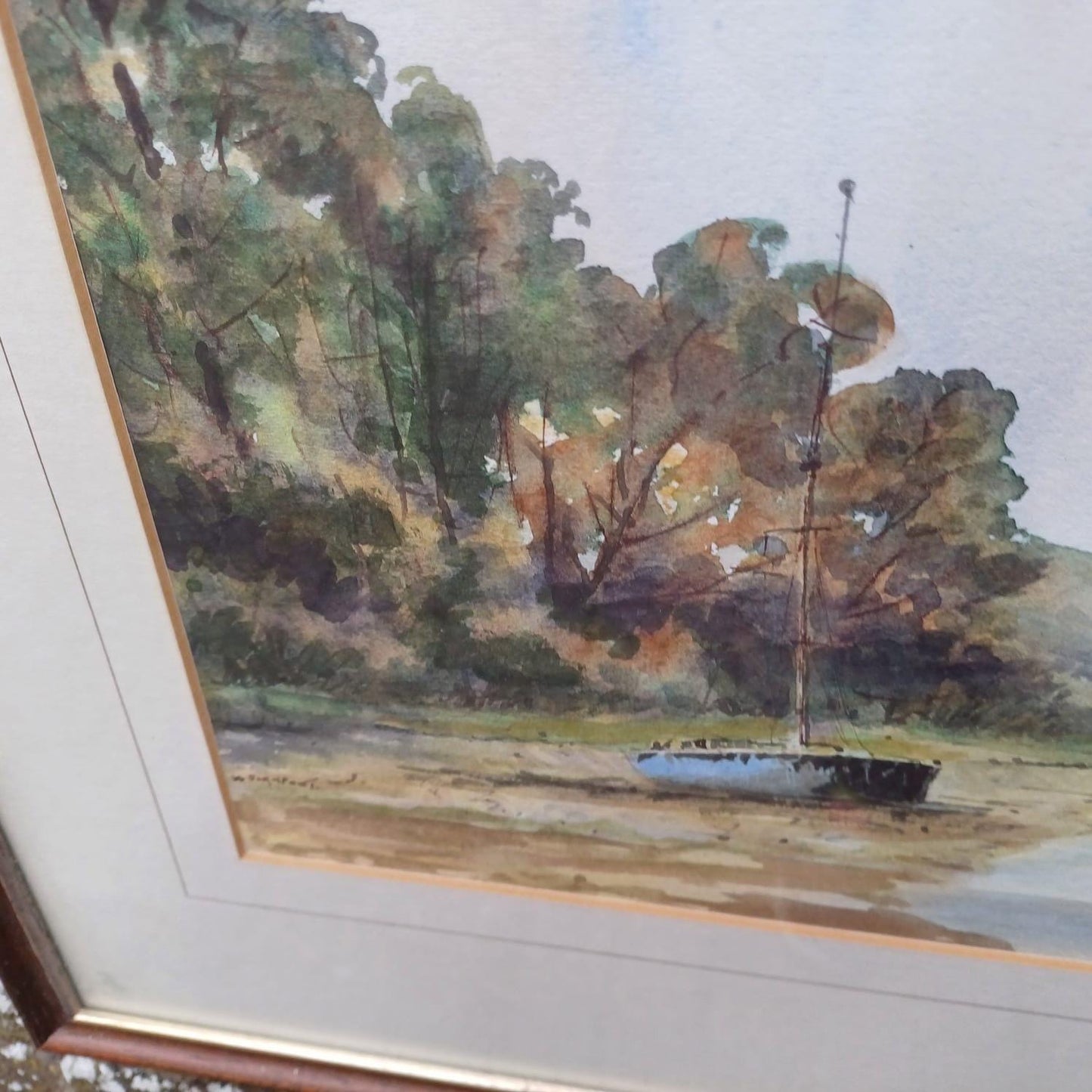 Mid-century watercolour of Piddinghoe and The Ouse, Lewes, Sussex by W Playfoot, glazed vintage frame and mount - excellent condition